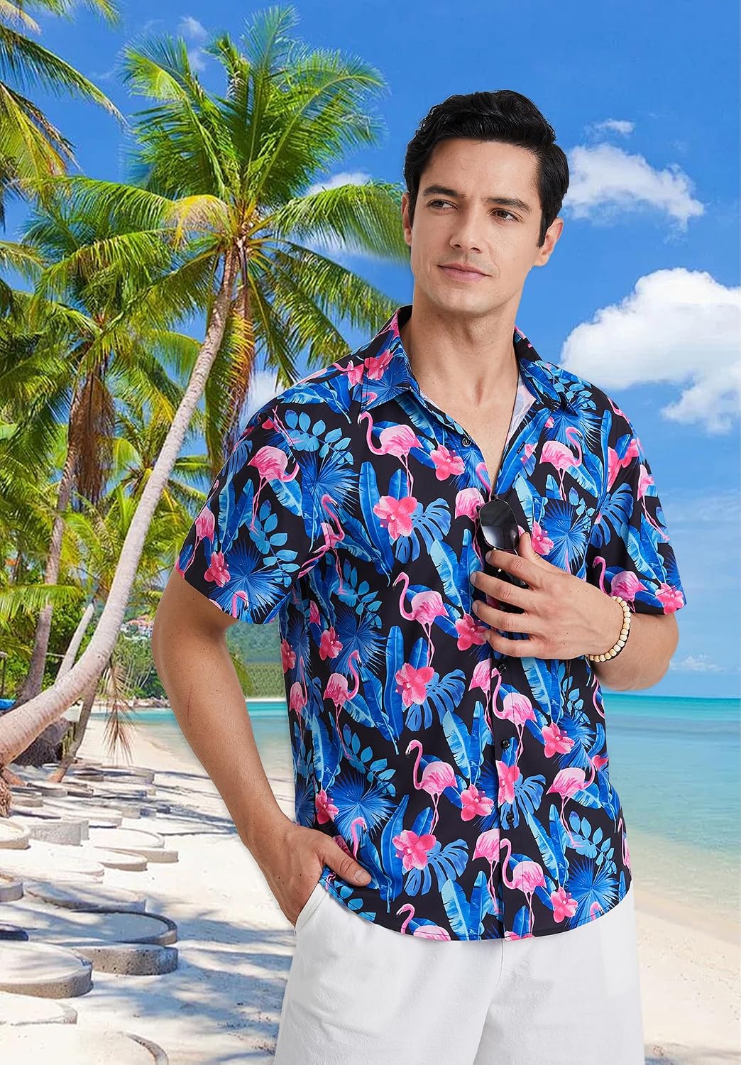 Enlision Funky Hawaii-skjorta för män, kortärmad, fritid, Hawaii-skjorta, tryck, ananas palmer, blommor, ledig, unisex, Hawaii-skjorta med framficka, S-2XL