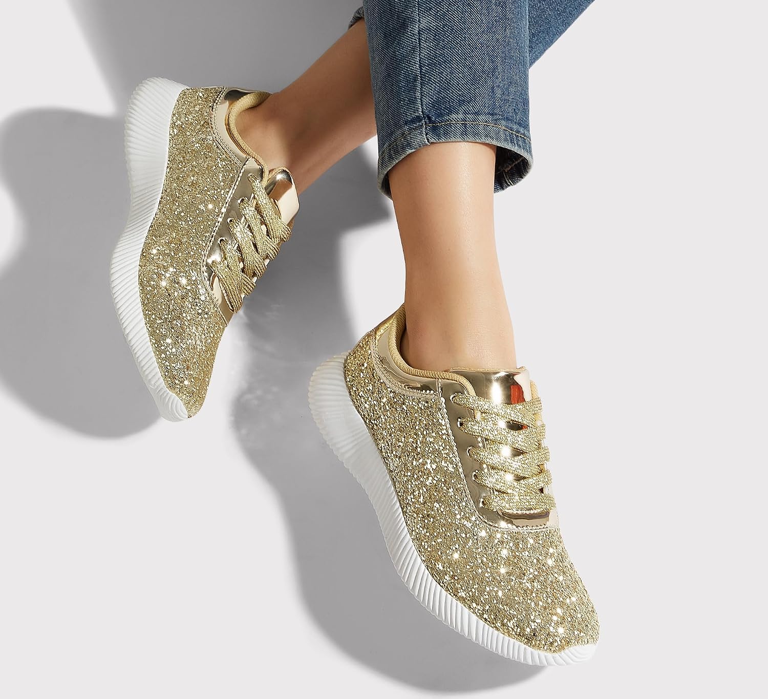 LUCKY STEP Briljanta sneakers för kvinnor med strass och metallpaljetter, lätta tennisskor
