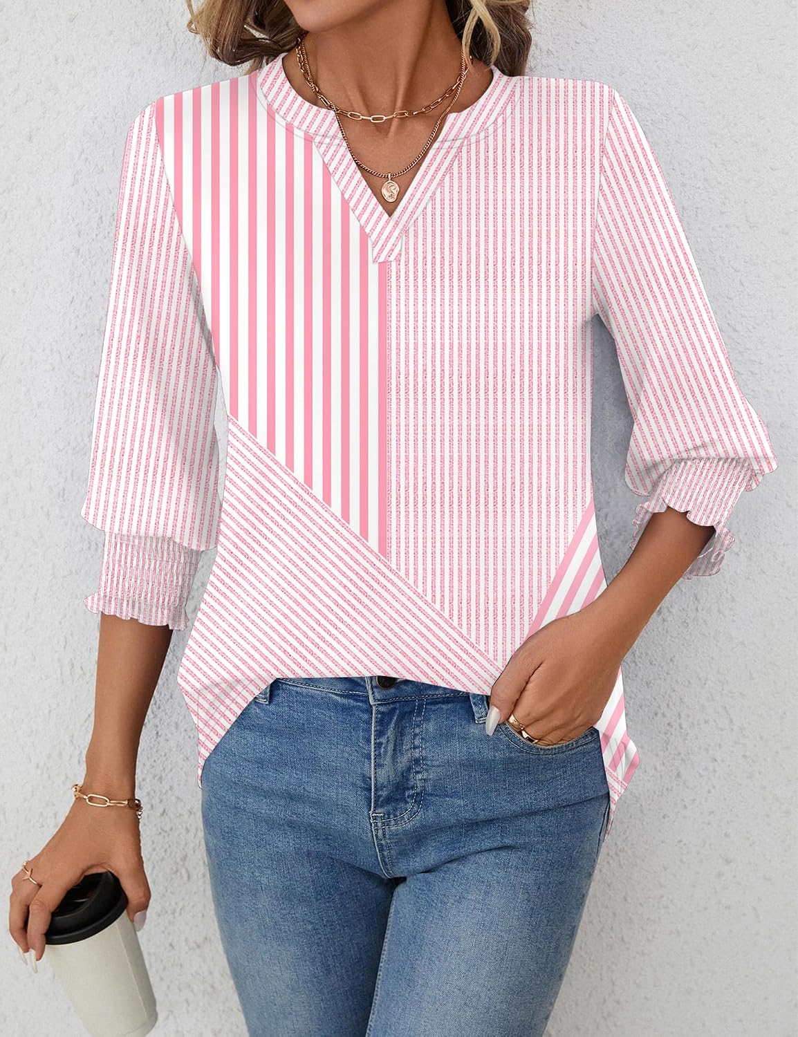 Rapbin Damblus med 3/4-ärm, lång V-ringad tunika, sommartopp, elegant, ledig blus, topp