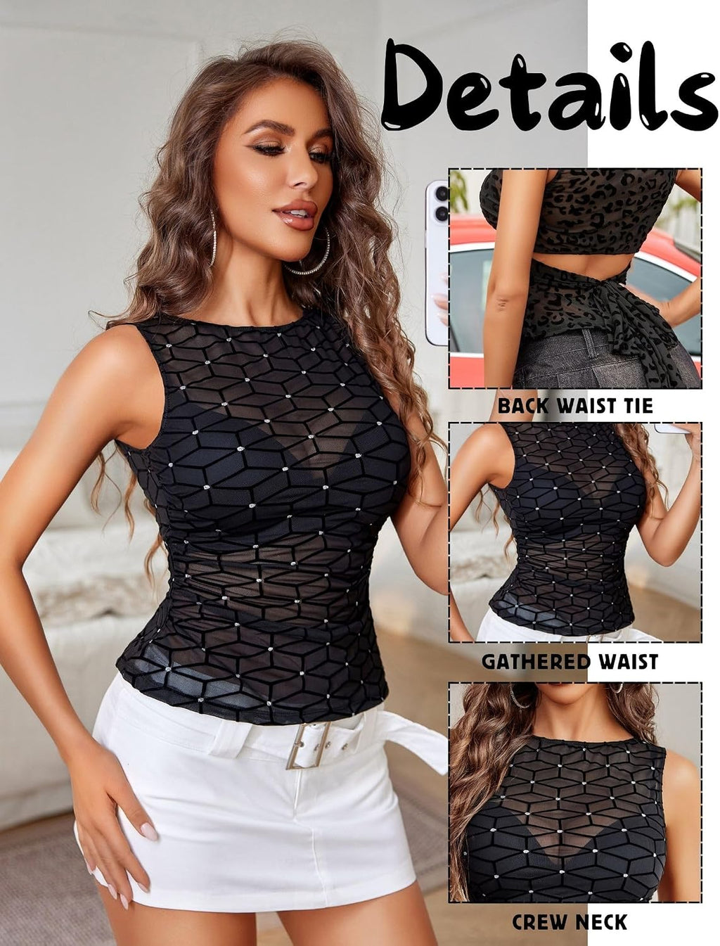 Avidlove Dam elegant genomsytt topp ärmlös linne sexig transparent bodys spets mesh festival outfit rave slim fit undertröjor camisole linne