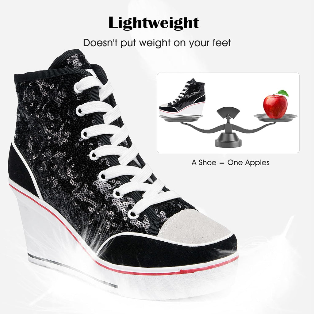 Högklackade blingskor för kvinnor vardagsskor mode glittrande sneakers för promenadplattform kilpumpskor