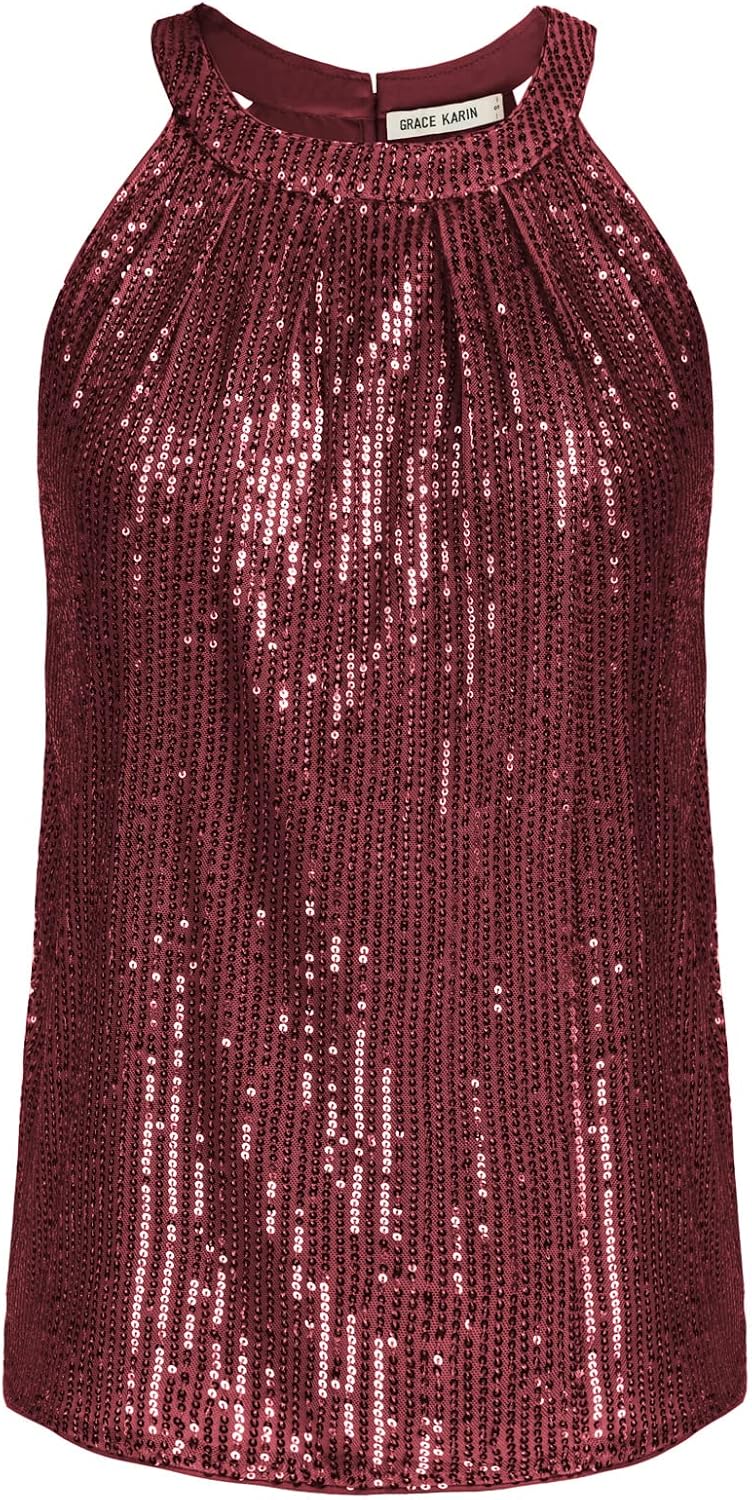 GRACE KARIN Dam elegant chiffongblus rund hals ärmlös skjorta casual toppar