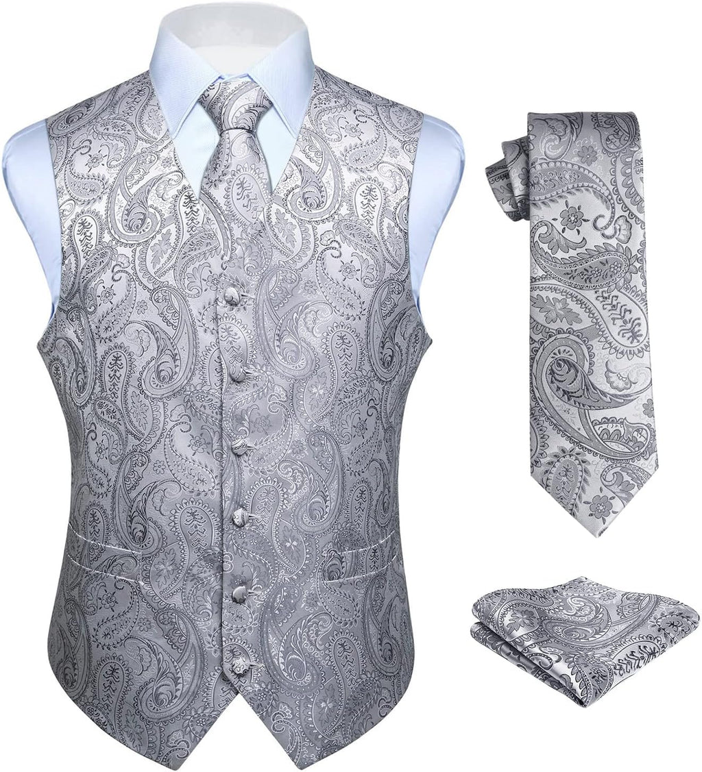Hisdern Herrväst med paisleymönster, blommig jacquard-slips, bröstnäsduk och näsduk, perfekt för bröllop, fest eller affärsmöten, väst-set för kostym i storlekarna XS–6XL