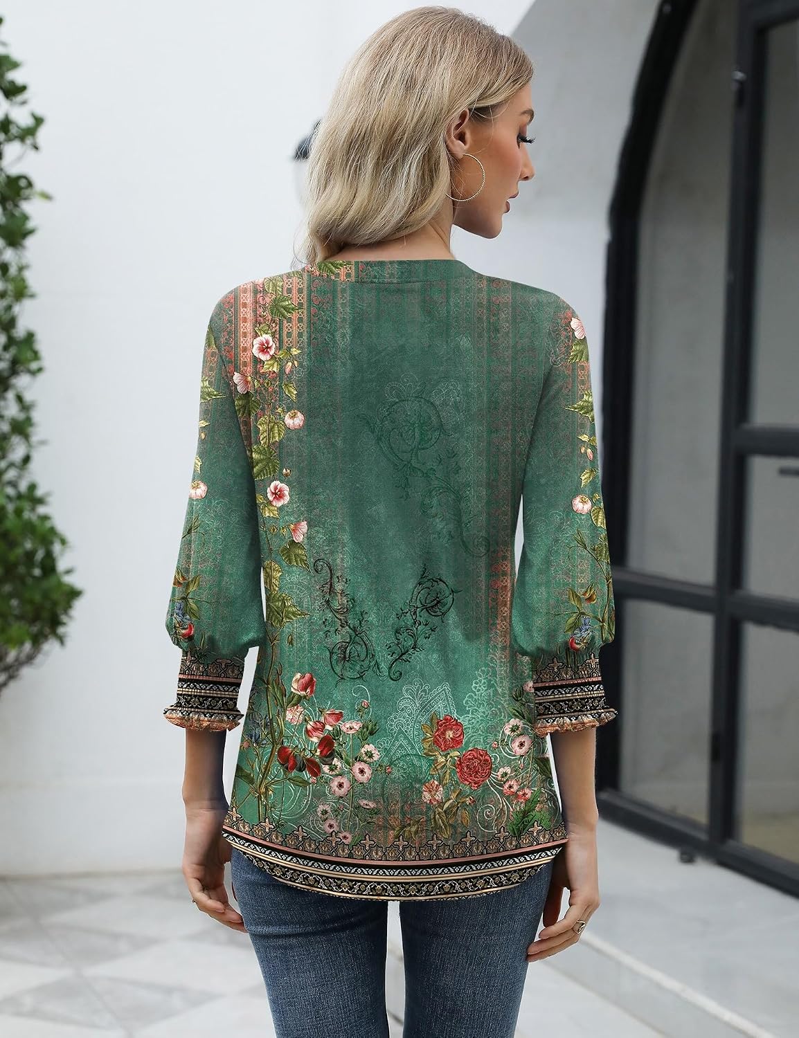 Rapbin Damblus med 3/4-ärm, lång V-ringad tunika, sommartopp, elegant, ledig blus, topp