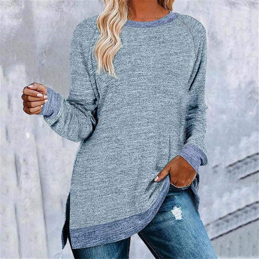HUIFUAO T-shirt för kvinnor långärmad rund hals färgblock delad topp lös pullover topp skjorta kvinnor svart plus size t-shirt