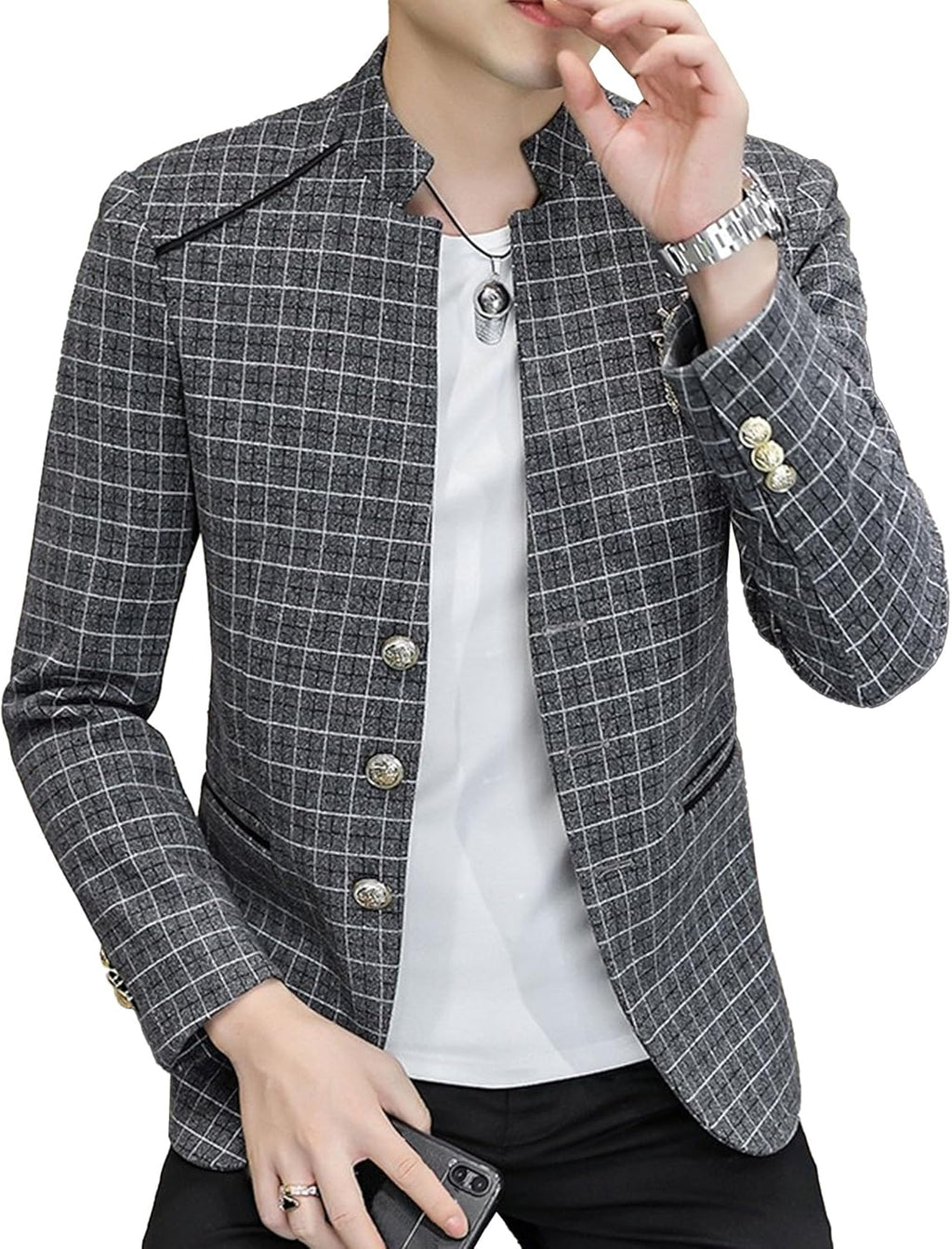 Män stående krage bankett blazer kappa klassisk bröllopsfest 3-knappars rutig jacka vår tunn daglig affärsdräkt jacka