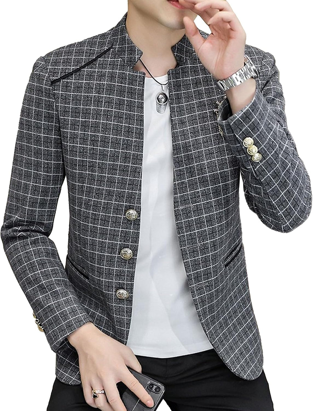 Män stående krage bankett blazer kappa klassisk bröllopsfest 3-knappars rutig jacka vår tunn daglig affärsdräkt jacka