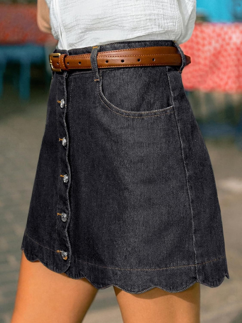 CUPSHE kvinnor denim kjol vardaglig hög midja A-linje skulpterad fåll mini jeanskjol med fickor