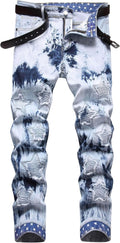 Herr Skinny Stacked Jeans Tie Dye Washed Denimbyxor Slim Fit Biker Ripped Streetwear