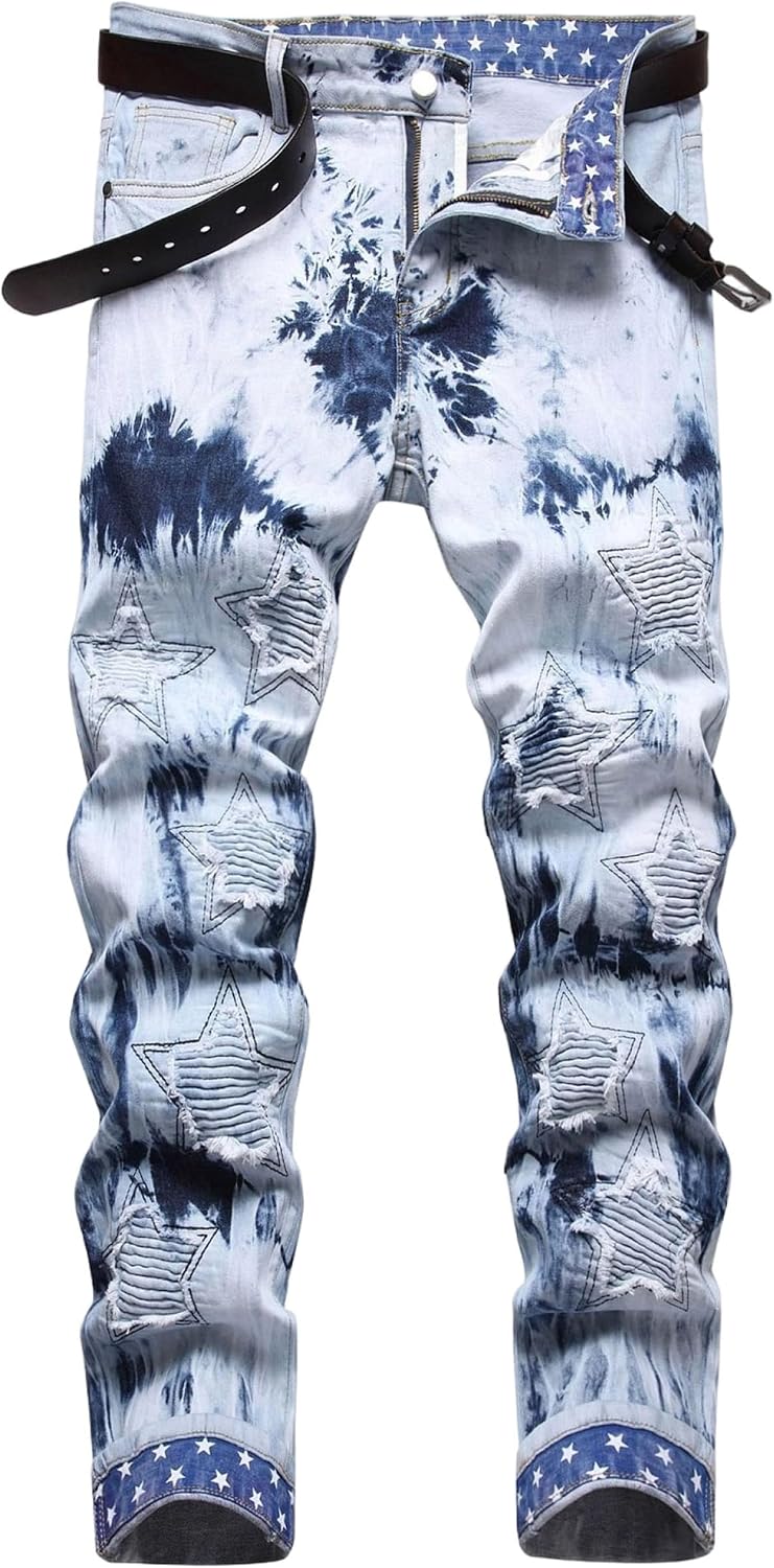 Herr Skinny Stacked Jeans Tie Dye Washed Denimbyxor Slim Fit Biker Ripped Streetwear