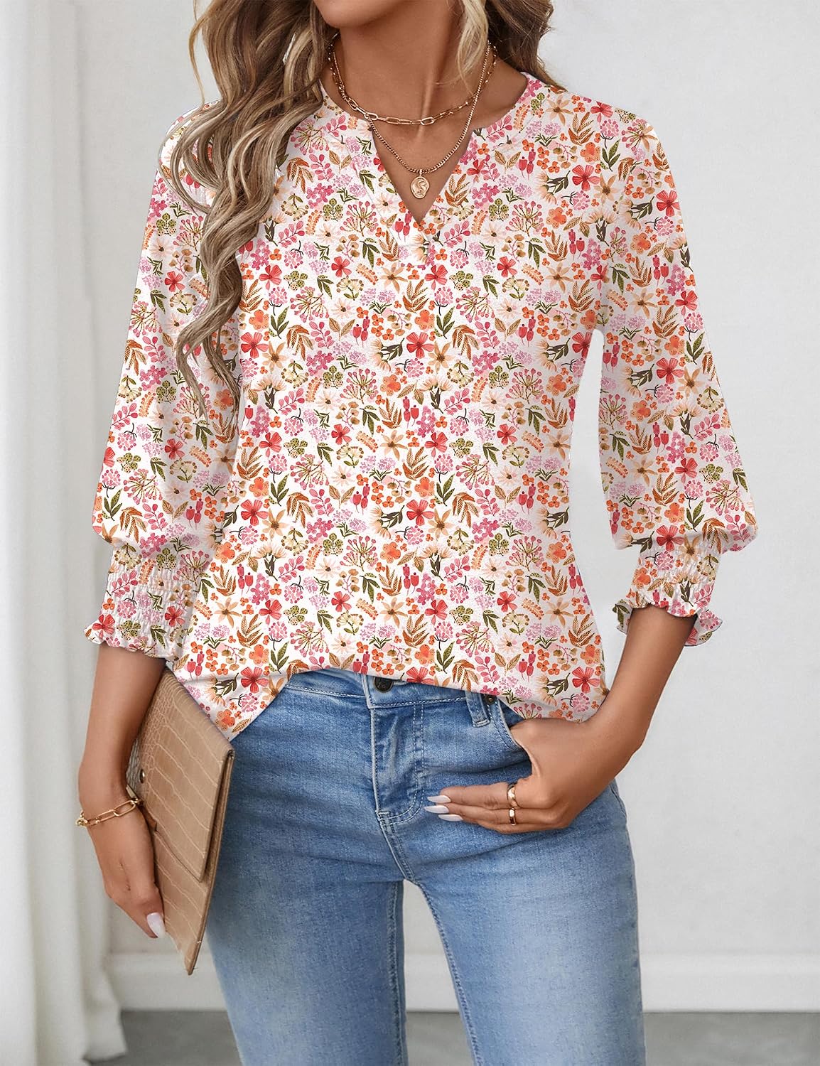 Rapbin Damblus med 3/4-ärm, lång V-ringad tunika, sommartopp, elegant, ledig blus, topp