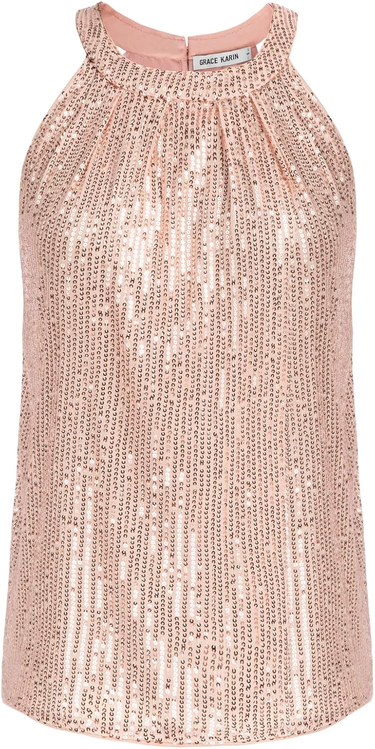 GRACE KARIN Dam elegant chiffongblus rund hals ärmlös skjorta casual toppar