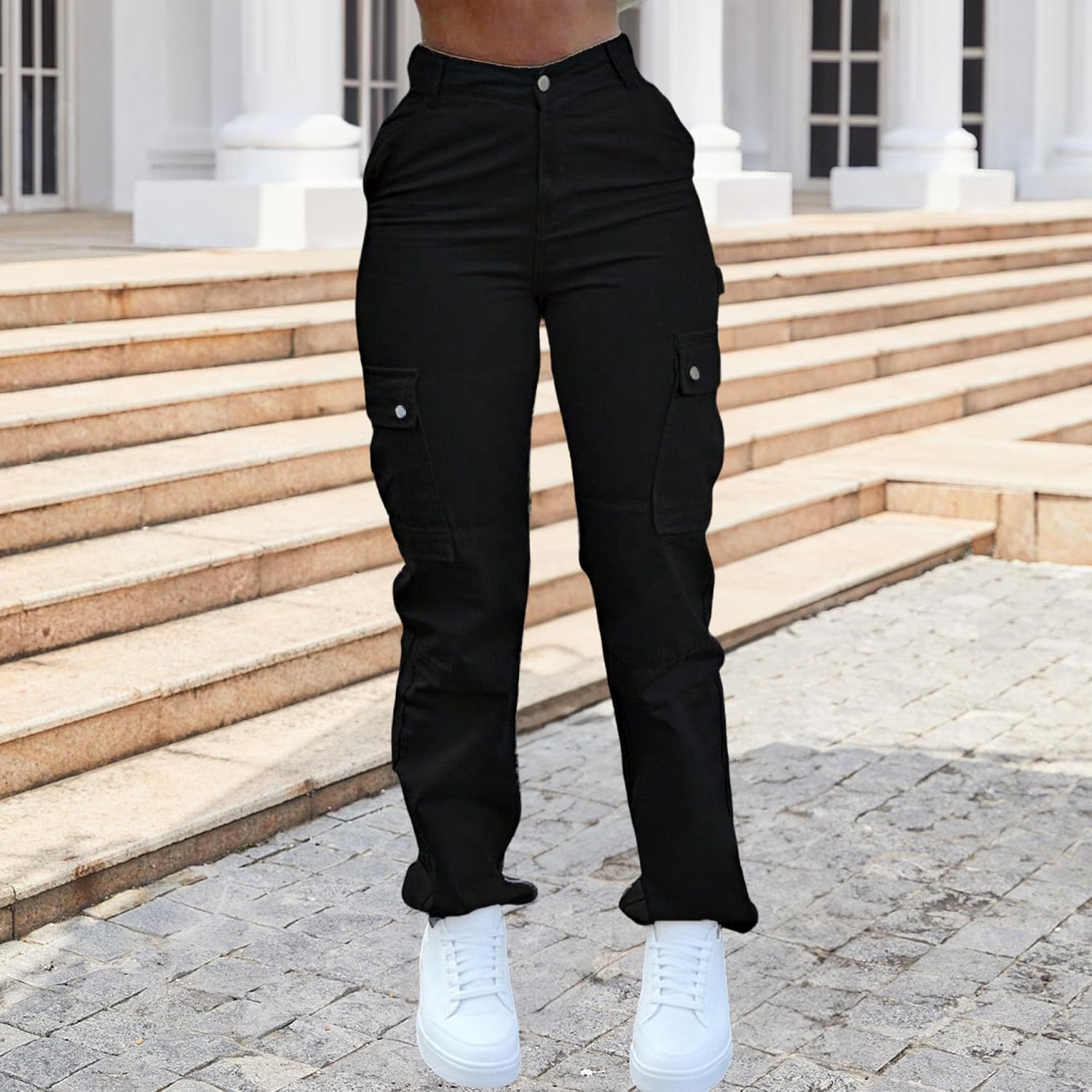 Cargobyxor för kvinnor hög midja raka ben vardagliga arbetsbyxor multi lös passform streetwear byxor