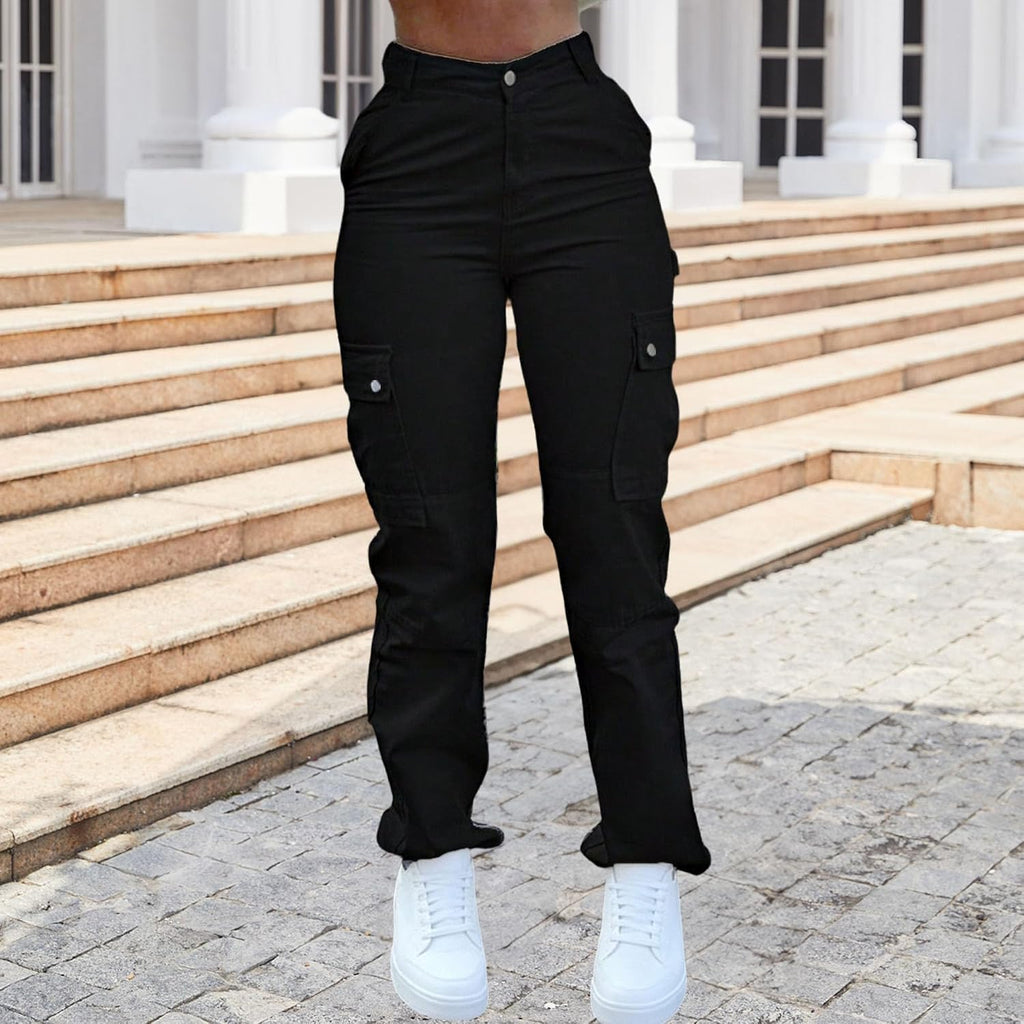 Cargobyxor för kvinnor hög midja raka ben vardagliga arbetsbyxor multi lös passform streetwear byxor