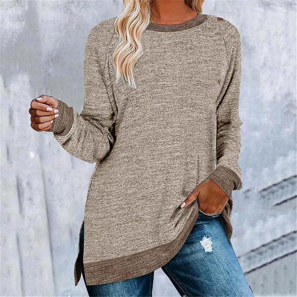 HUIFUAO T-shirt för kvinnor långärmad rund hals färgblock delad topp lös pullover topp skjorta kvinnor svart plus size t-shirt