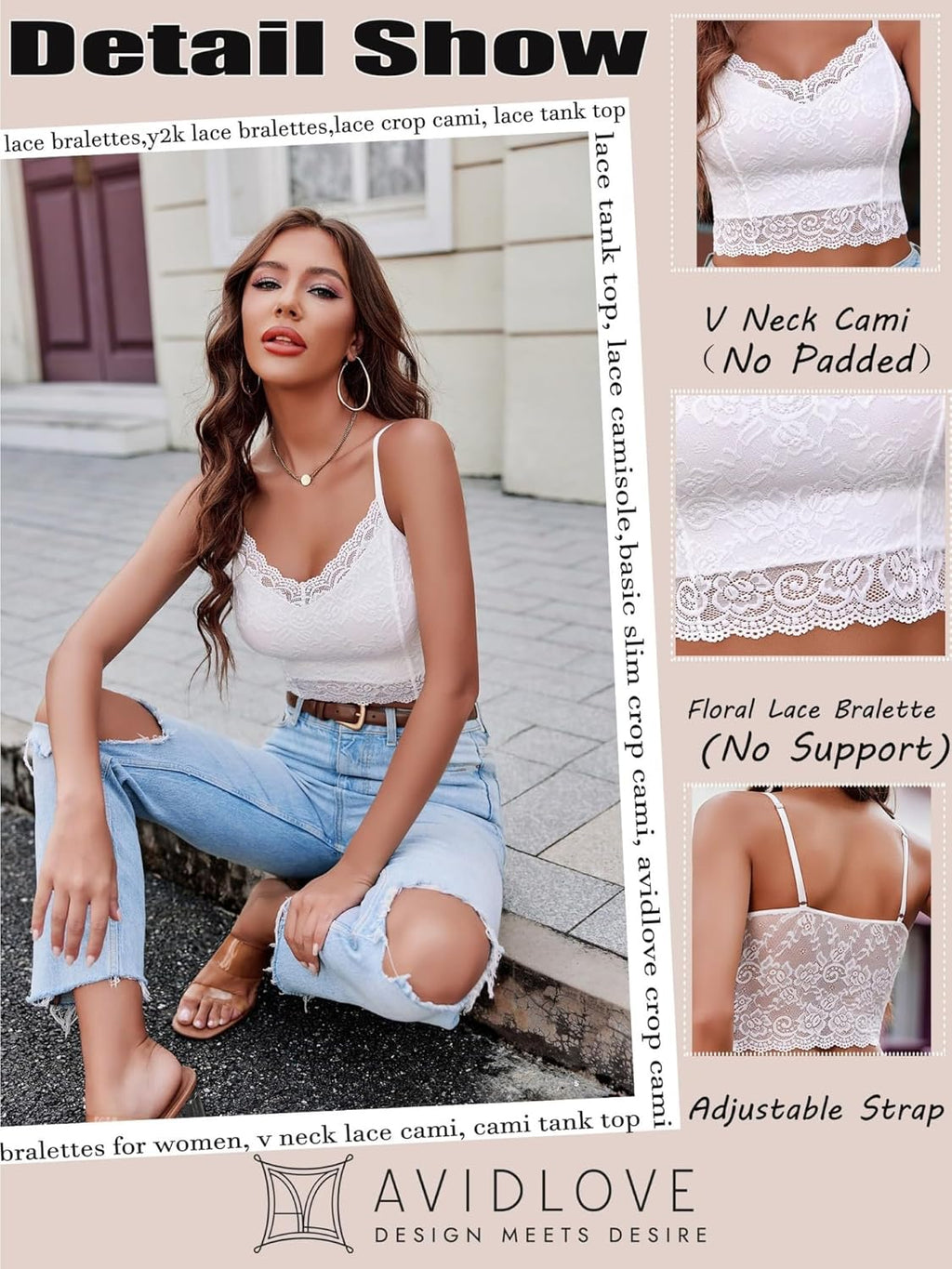 Avidlove dam spets bustier topp sexig bralette undertröja basic spagettiremmar camisole V-ringad rygg urtagning design tank toppar crop