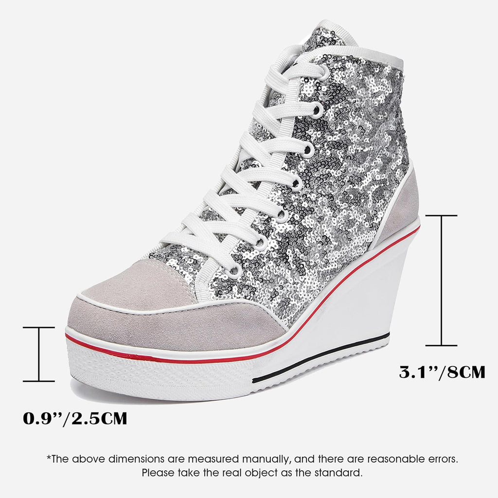 Högklackade blingskor för kvinnor vardagsskor mode glittrande sneakers för promenadplattform kilpumpskor