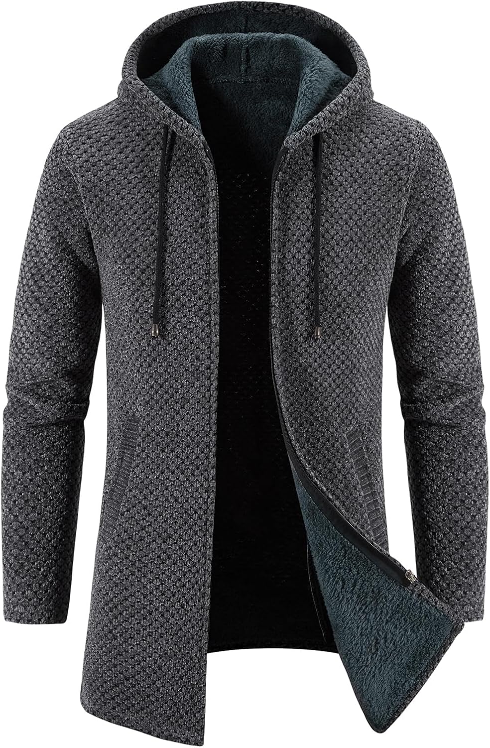KUDORO Herrcardigan lång väst med dragkedja stickad kofta huvtröja tjock och ledig fleece tröja huvtröja
