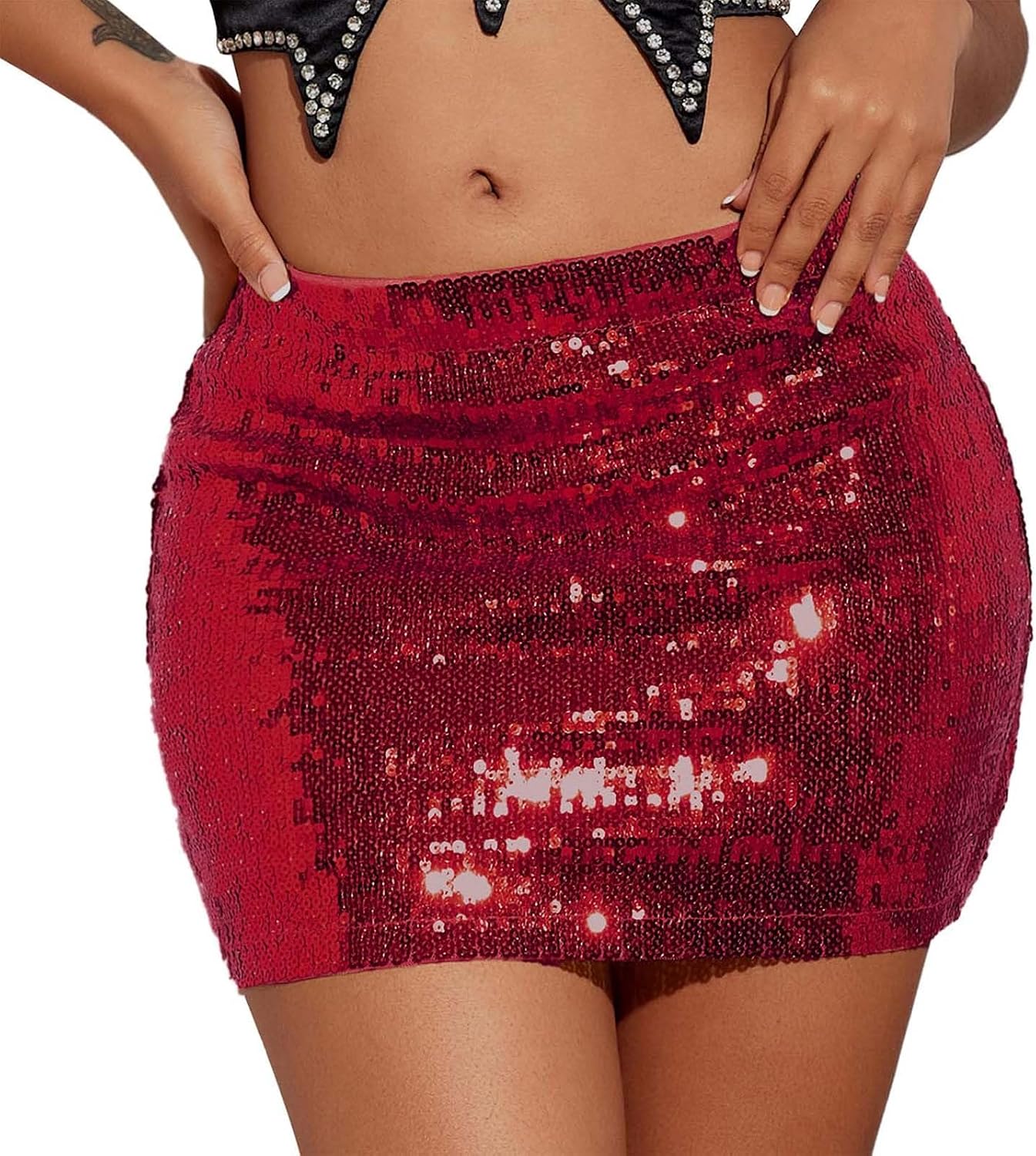 Glittrig minikjol för kvinnor, svart, glitterkjol för kvinnor – mode, slim fit, bodycon-kjolar, basic, semesterframträdande, minikirter, klassiska pennkjolar, enfärgade paljettshorts