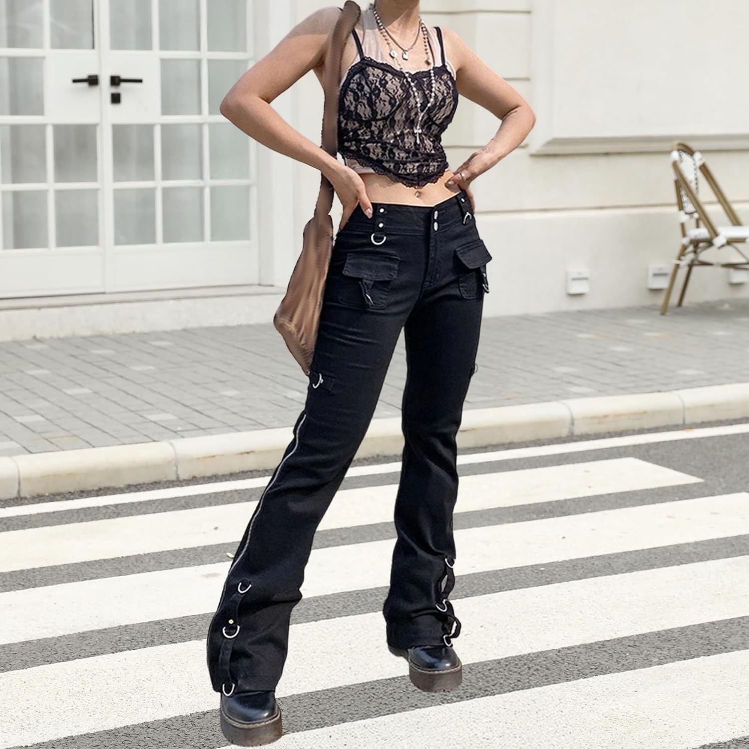 Dam Y2K Gothic Rise Flare Jeans Oregelbundna Skinny Stretchiga Bootcut Jeans Vintage Punk Raka Ben Streetwear