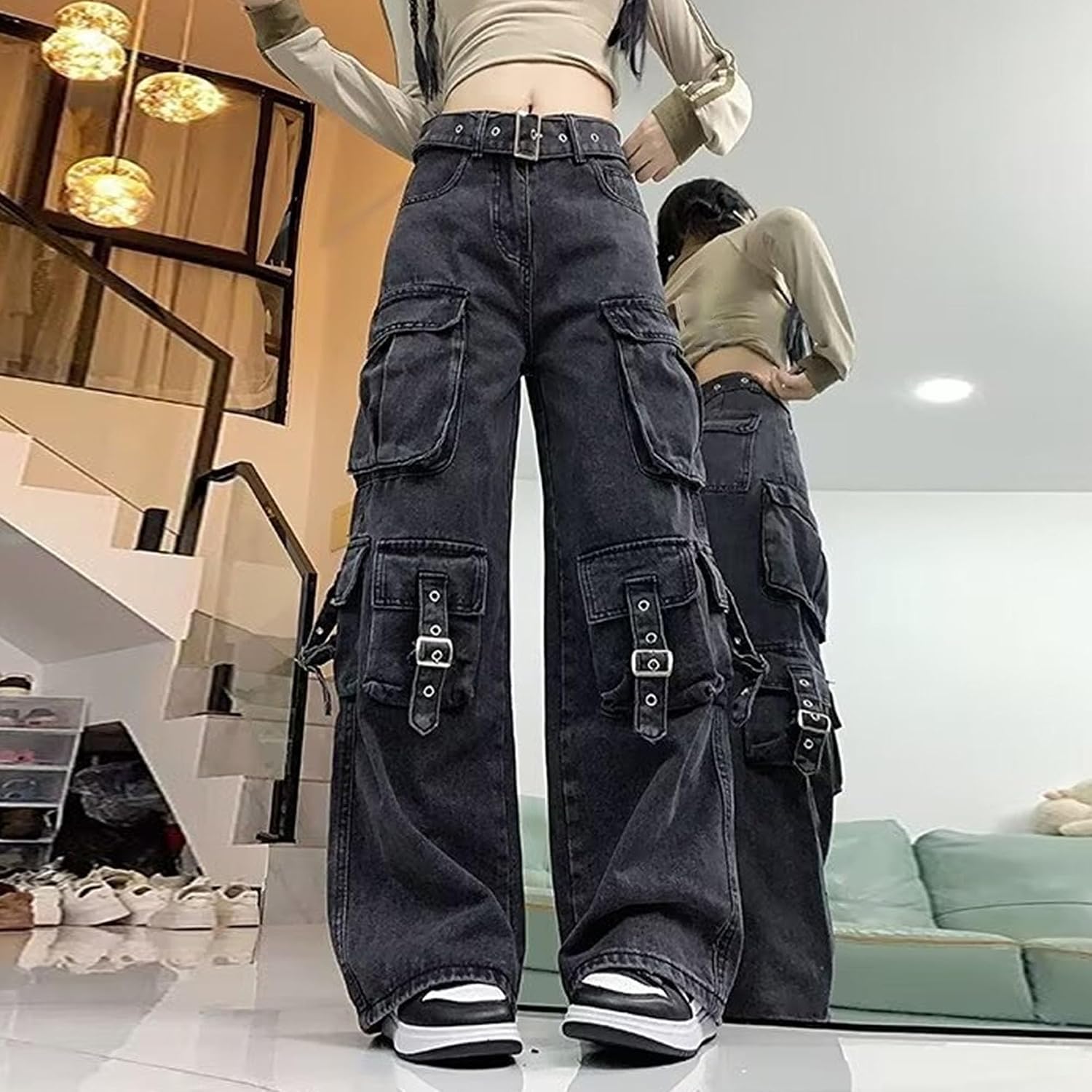 Dam retro tvättade breda ben lastjeans hög midja Y2K gotiska streetwear denim byxor vardag trendiga lösa jeans