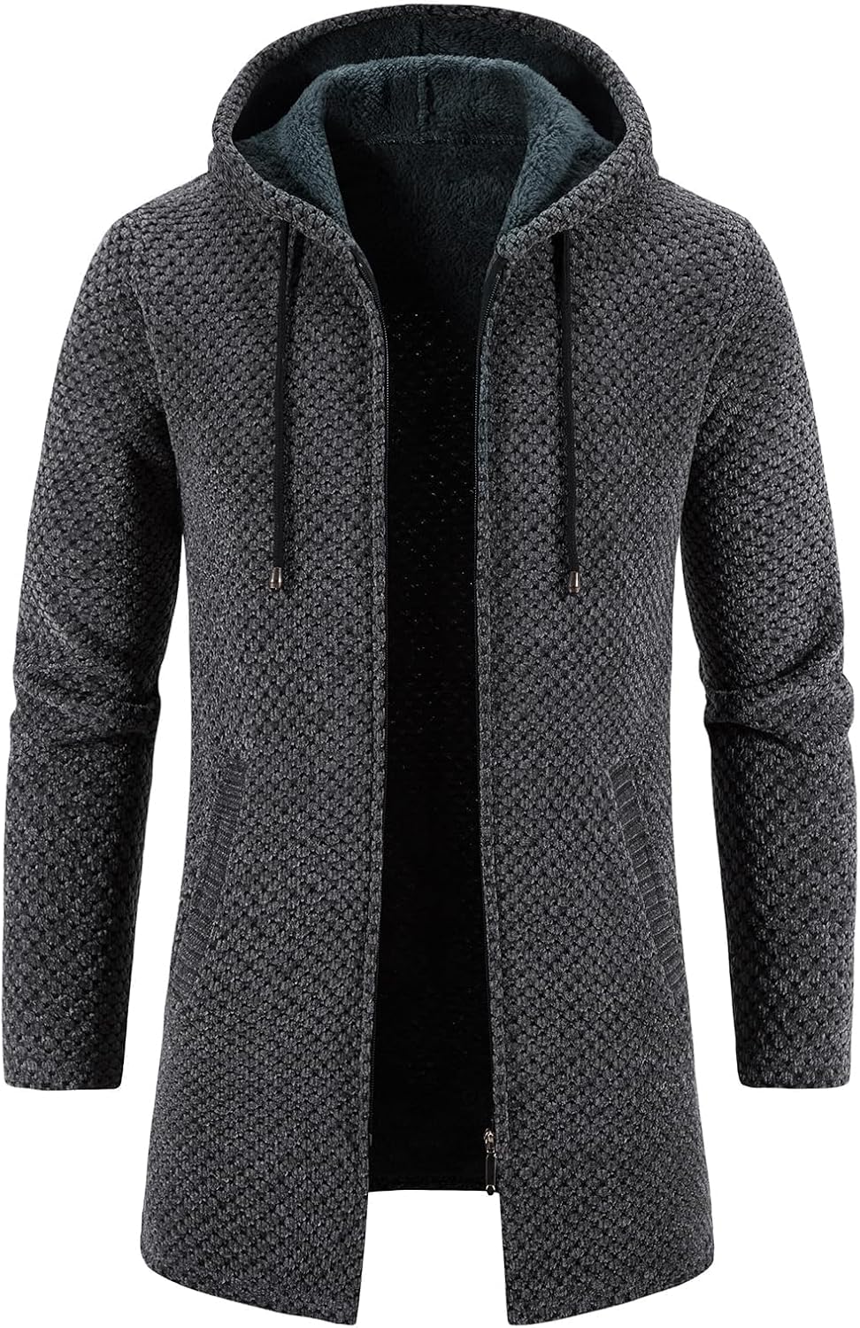 KUDORO Herrcardigan lång väst med dragkedja stickad kofta huvtröja tjock och ledig fleece tröja huvtröja