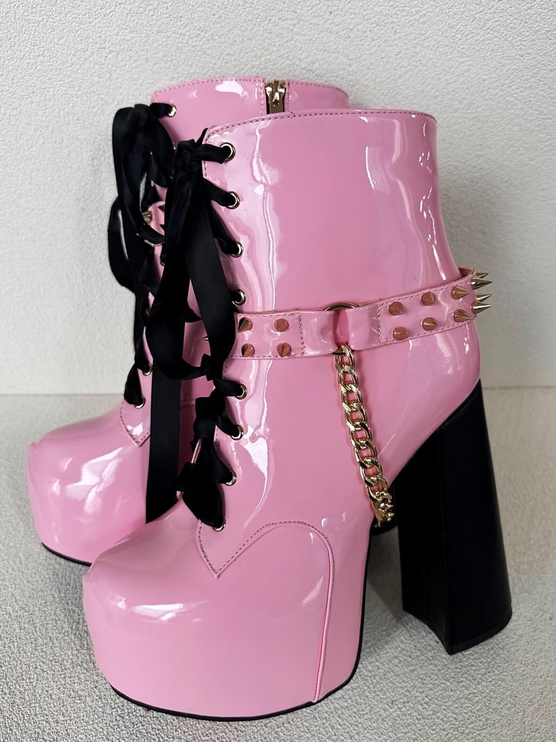 Frankie Hsu Sexig Chunky Plattform Ankel Högklackad Bootie, Söt Härlig Rosa Patent Guldkedja Nitar Lollita Gotisk Boot, Stor Stor Storlek US5-19 Skor för Kvinnor Män