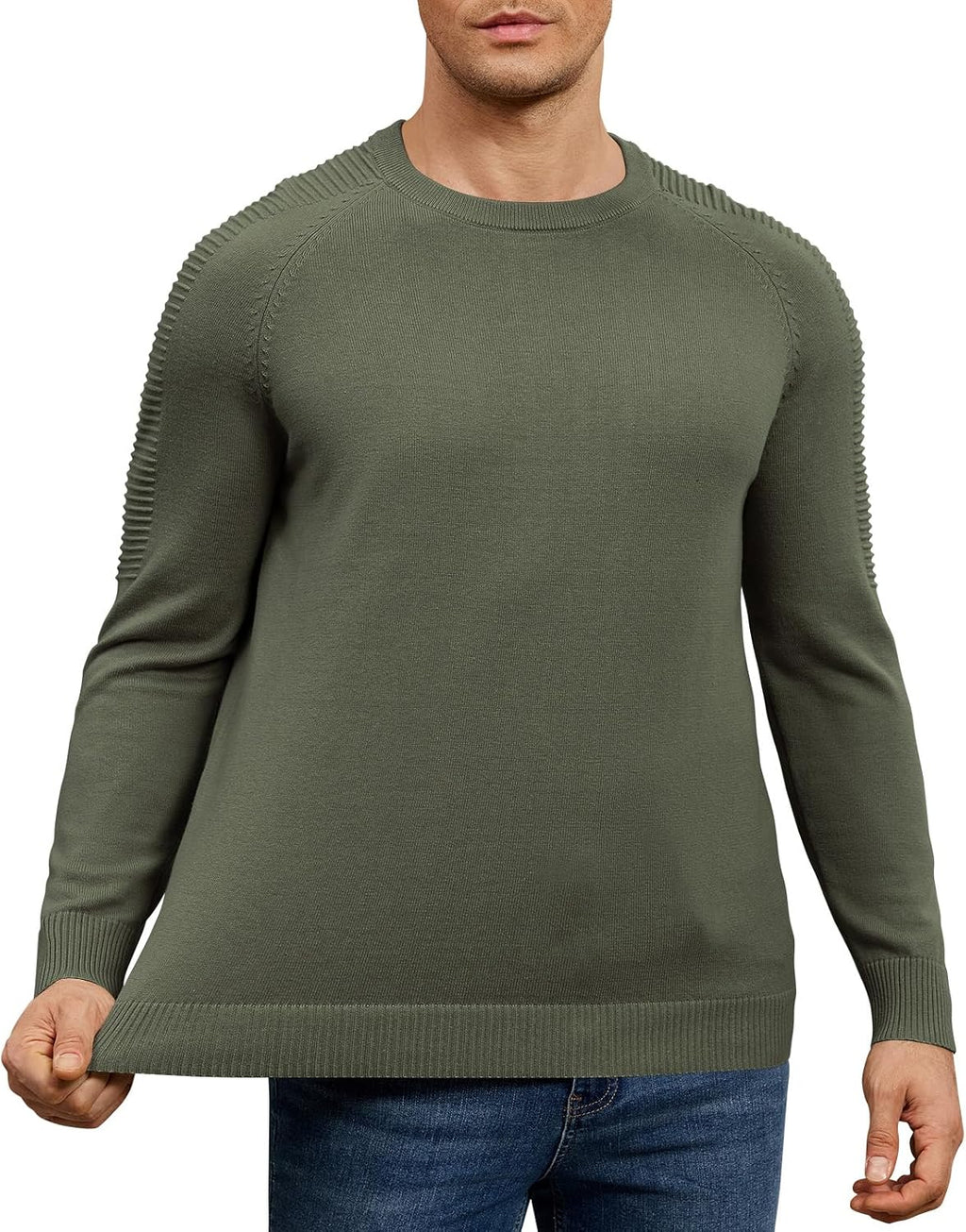herr rund hals raglan långärmad jumper enfärgad termisk stickad pullover axel ribbning detalj 100 % bomull klassiska stickade kläder höst vinter