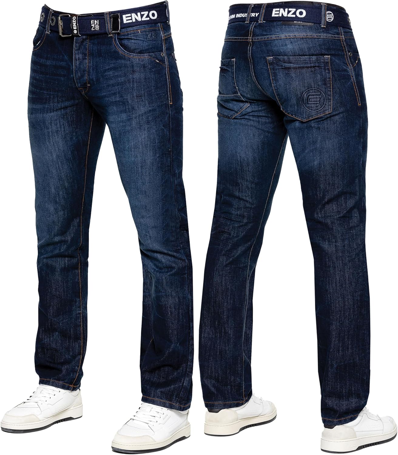 989Zé ENZO Herrjeans klassiska raka ben vardaglig bomull normal passform denim byxor gratis bälte