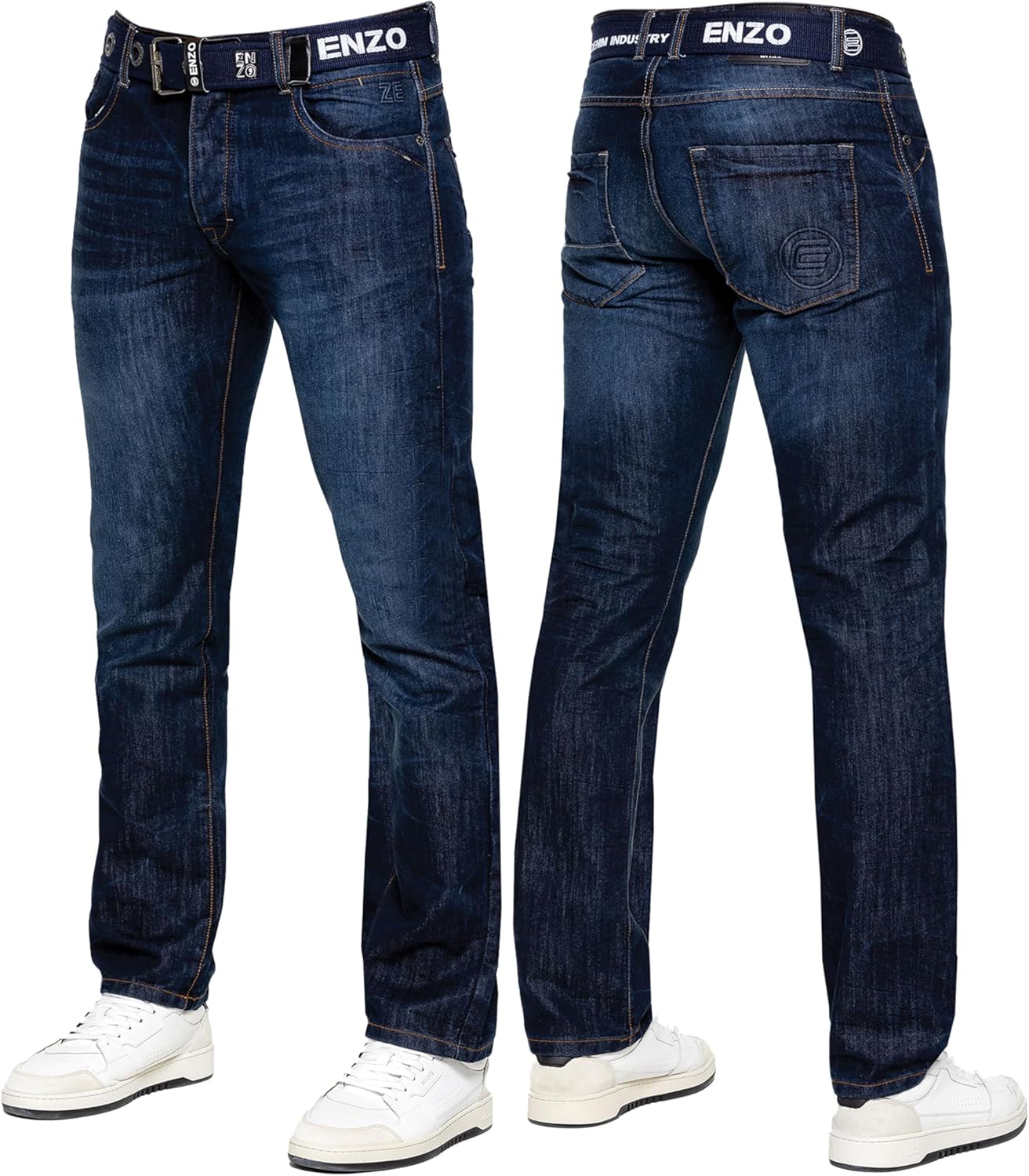 989Zé ENZO Herrjeans klassiska raka ben vardaglig bomull normal passform denim byxor gratis bälte