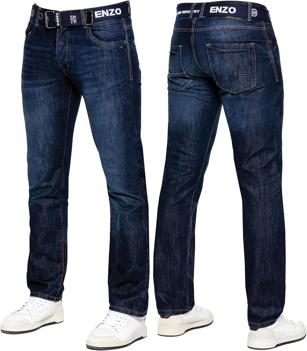 989Zé ENZO Herrjeans klassiska raka ben vardaglig bomull normal passform denim byxor gratis bälte