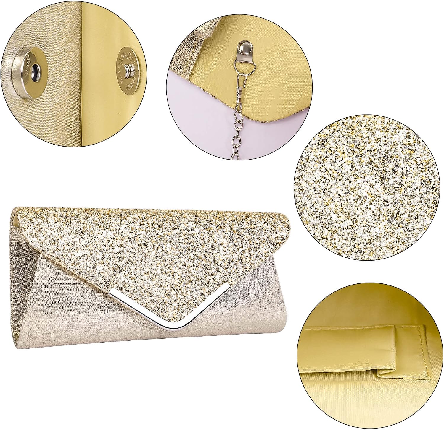 Larcenciel Clutch Damer, Glitter Kuvertväska Aftonväskor med Avtagbar Kedja, Moderiktig Axelväska med Paljetter, Elegant Handväska Kedjeväska, Axelväskor för Bal, Bröllop, Fest