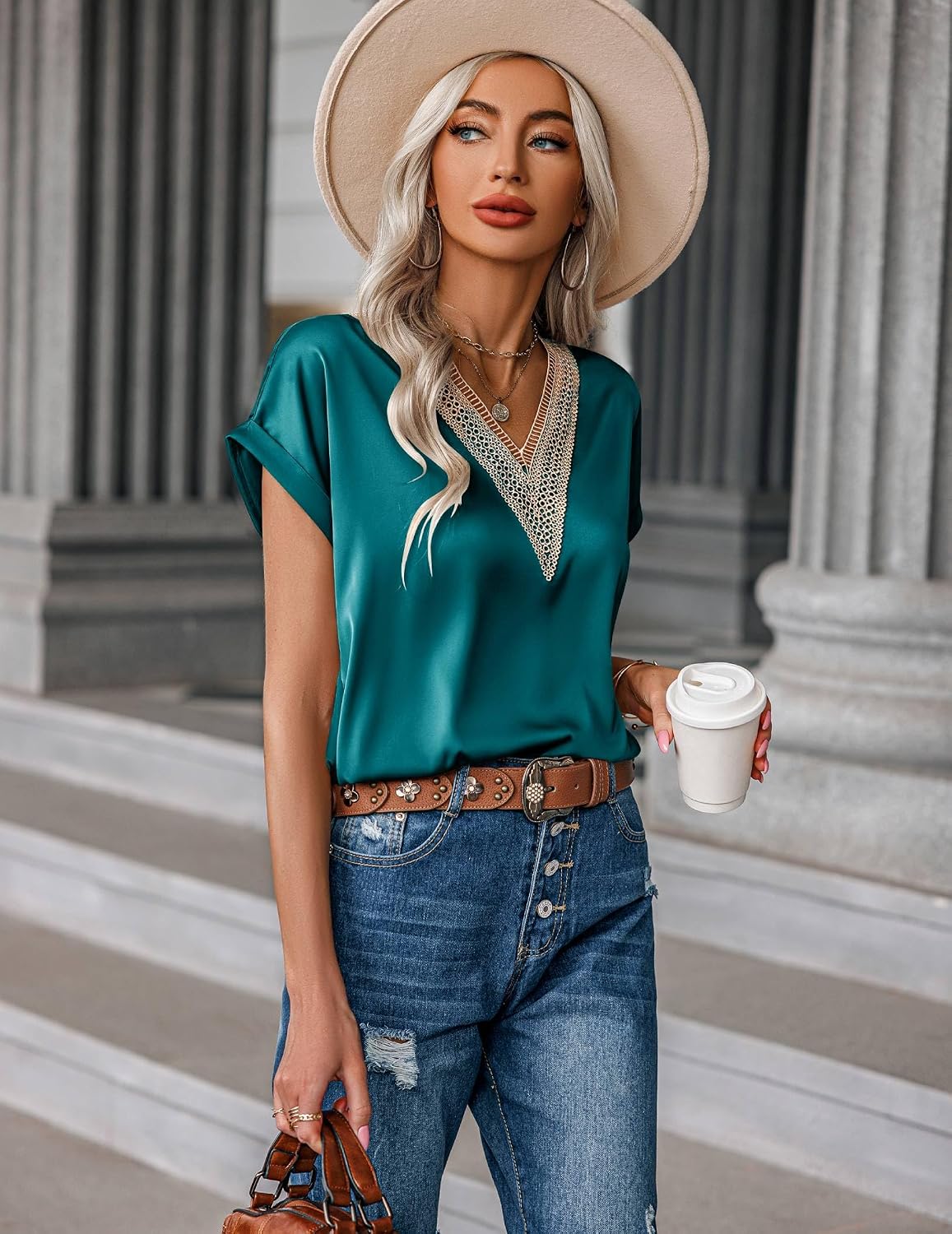 Zeagoo Dam-t-shirt, satinblus, spets, v-ringad, skjorta, eleganta blusar, kortärmad tunika, topp, lediga toppar, sommar, lösa toppar