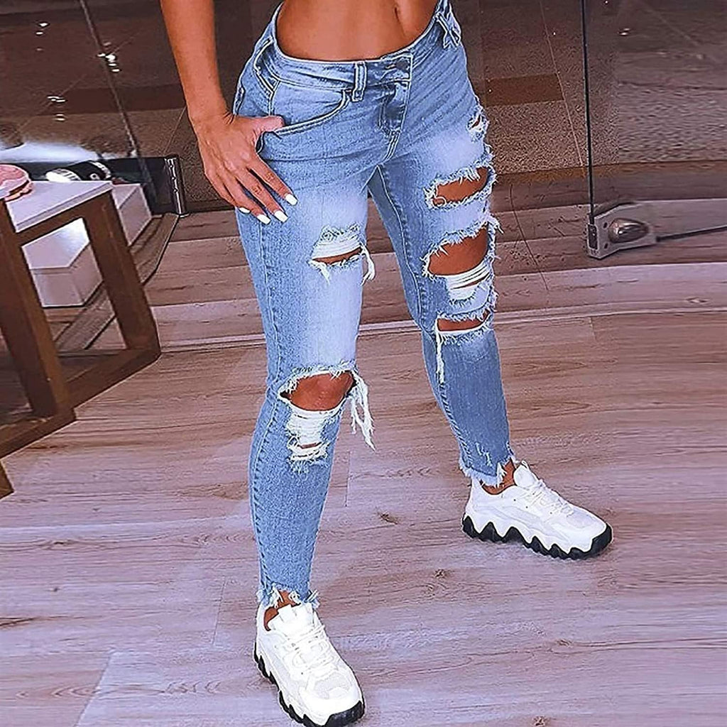 Hög Midja Ripped Jeans Kvinnor Jeans Byxor Kvinnor Hål Skinny Jeans Byxor Kvinnor Ripped Destroyed Denim Jeans Relaxed Women Stretch Slim Fit Ripped Broken Pants Jeans Leggings Women Large Jeans för k