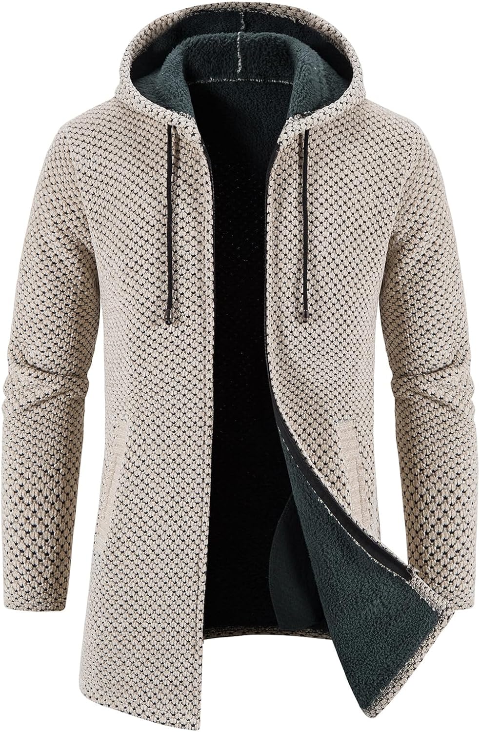 KUDORO Herrcardigan lång väst med dragkedja stickad kofta huvtröja tjock och ledig fleece tröja huvtröja