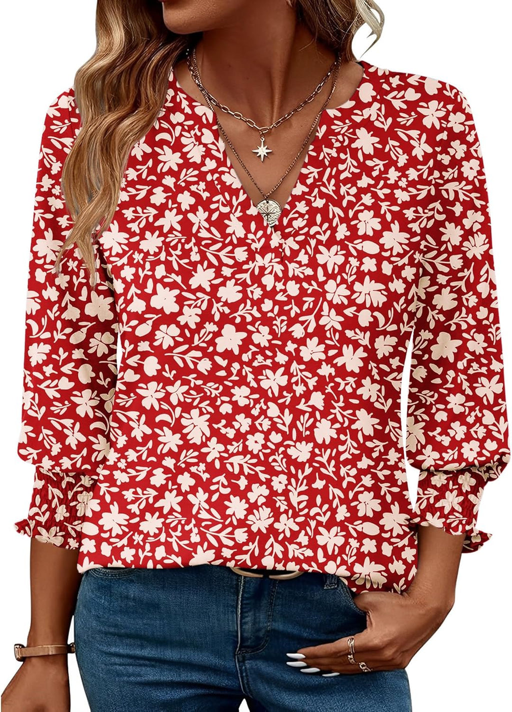Rapbin Damblus med 3/4-ärm, lång V-ringad tunika, sommartopp, elegant, ledig blus, topp