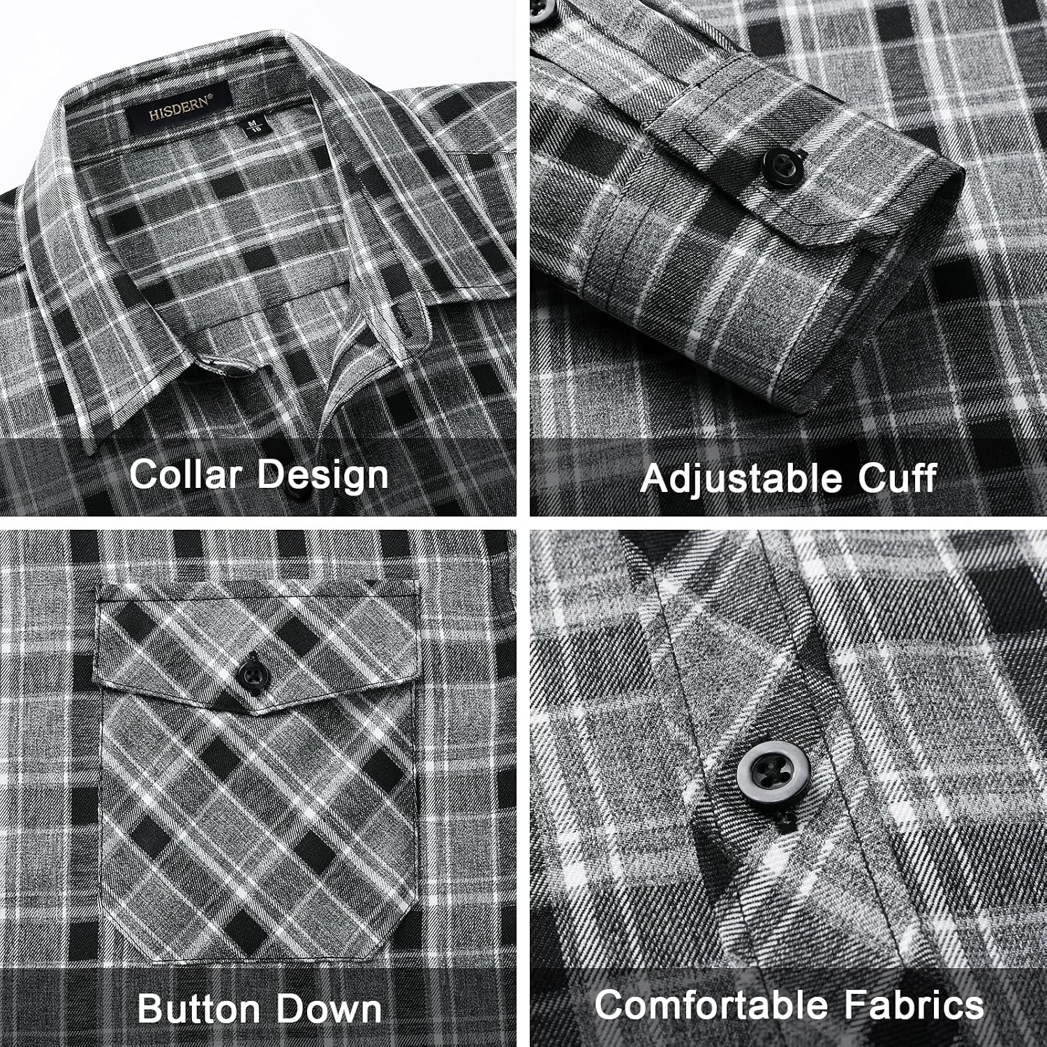 HISDERN Långärmad vardaglig rutig flanellskjorta rutig tartan button-down-skjortor för män S-4XL