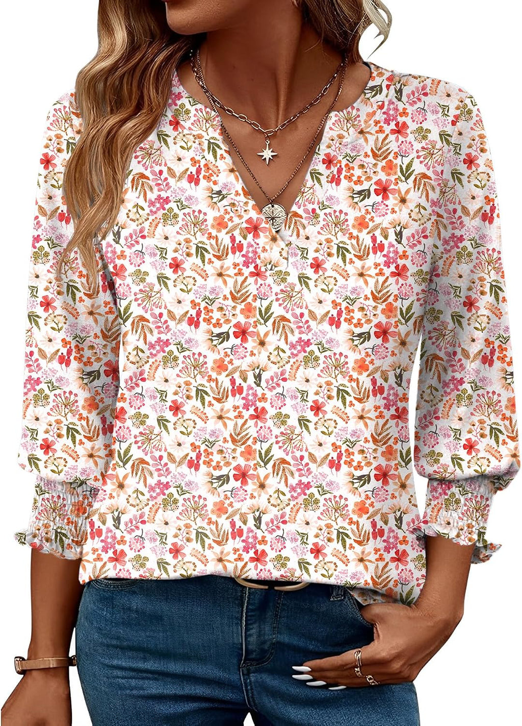 Rapbin Damblus med 3/4-ärm, lång V-ringad tunika, sommartopp, elegant, ledig blus, topp