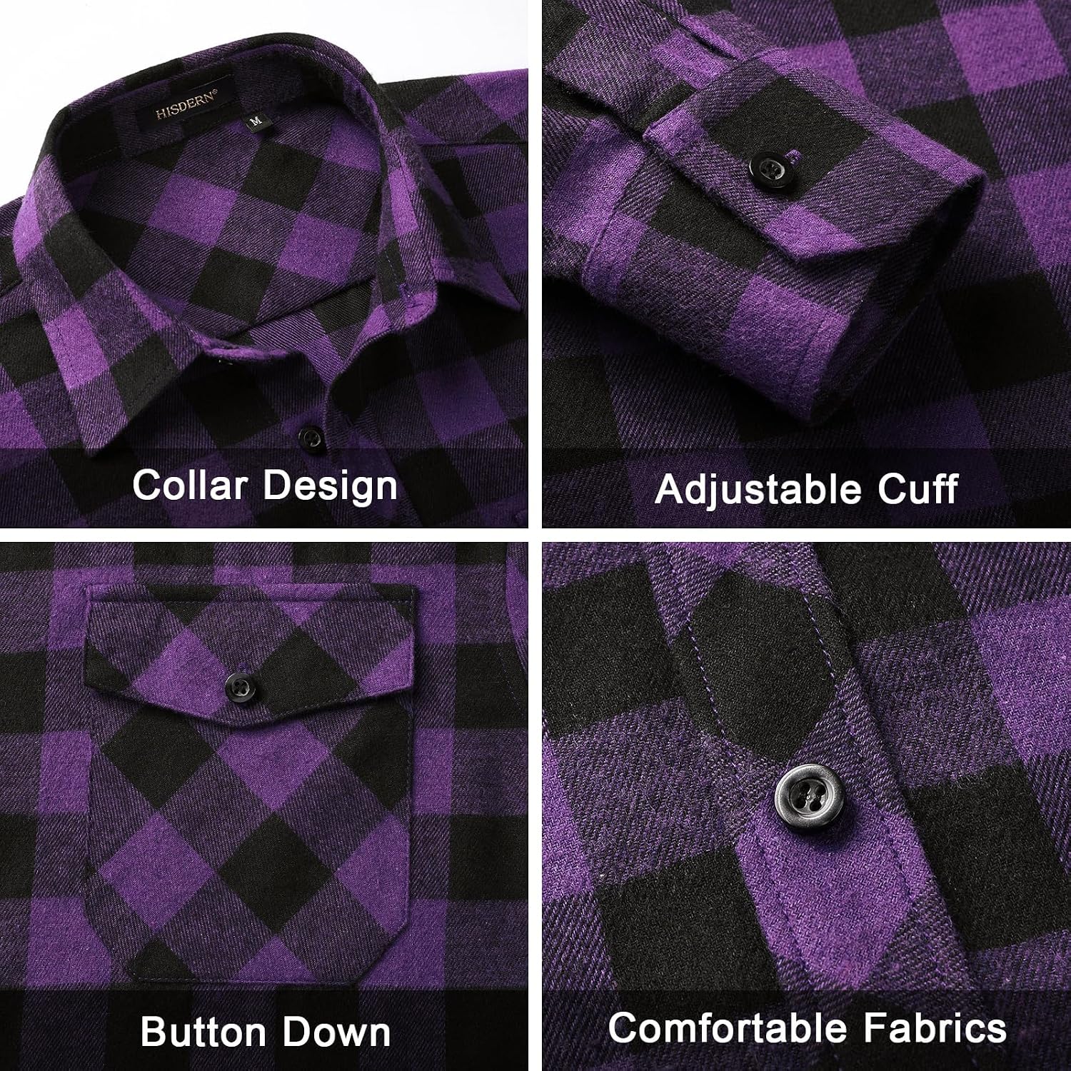 HISDERN Långärmad vardaglig rutig flanellskjorta rutig tartan button-down-skjortor för män S-4XL