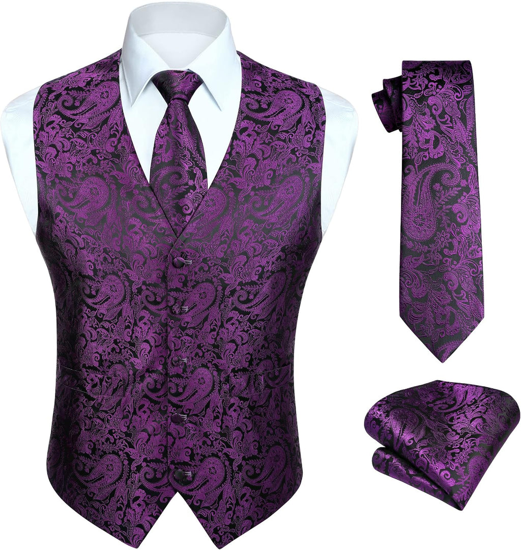Hisdern Herrväst med paisleymönster, blommig jacquard-slips, bröstnäsduk och näsduk, perfekt för bröllop, fest eller affärsmöten, väst-set för kostym i storlekarna XS–6XL