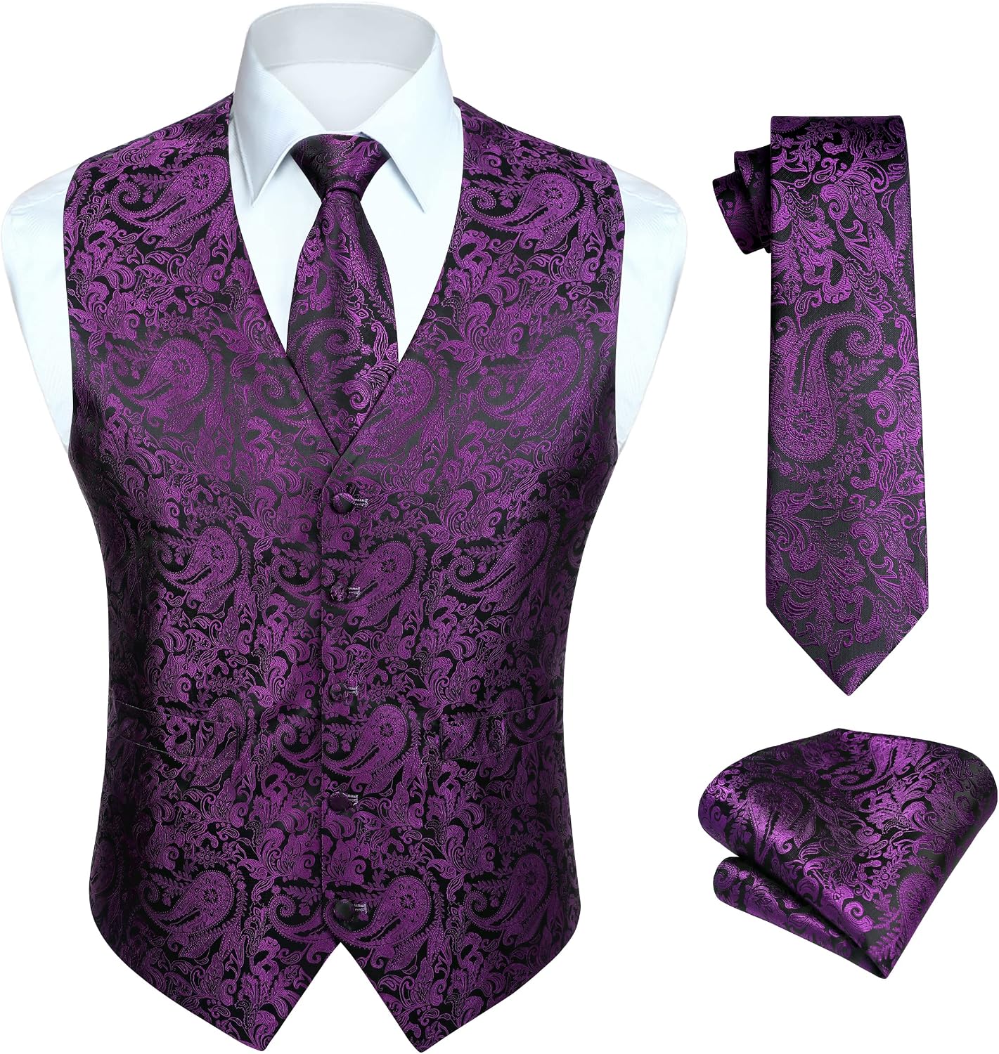 Hisdern Herrväst med paisleymönster, blommig jacquard-slips, bröstnäsduk och näsduk, perfekt för bröllop, fest eller affärsmöten, väst-set för kostym i storlekarna XS–6XL