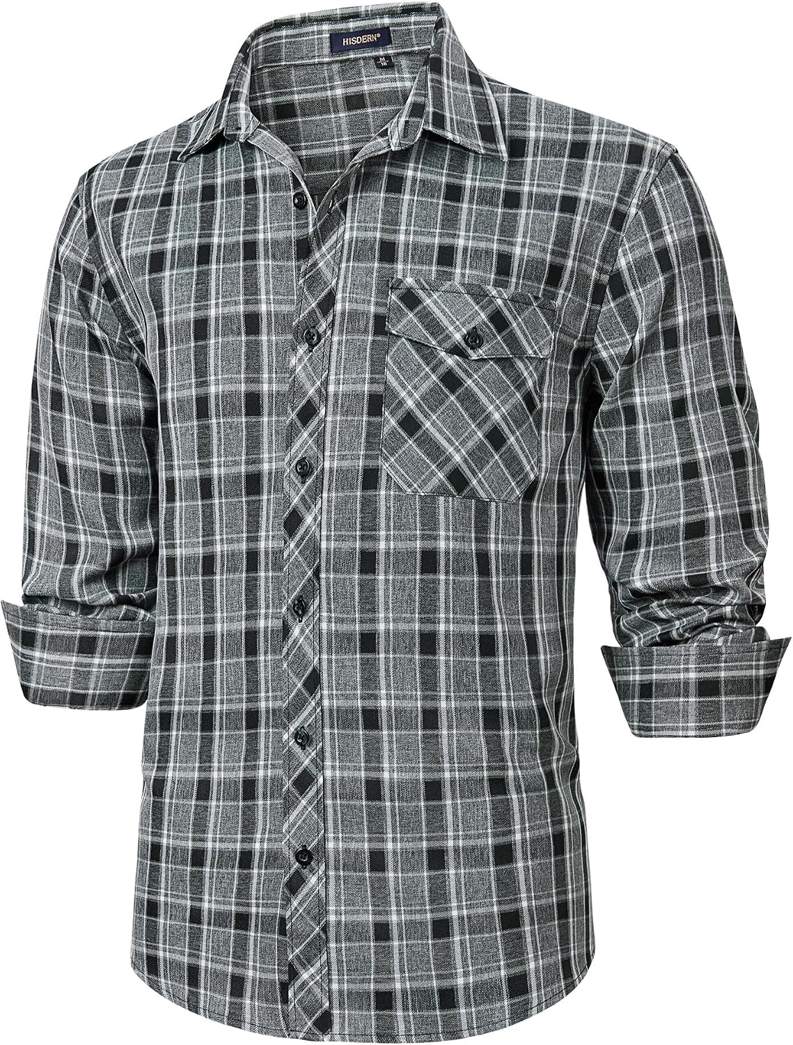 HISDERN Långärmad vardaglig rutig flanellskjorta rutig tartan button-down-skjortor för män S-4XL