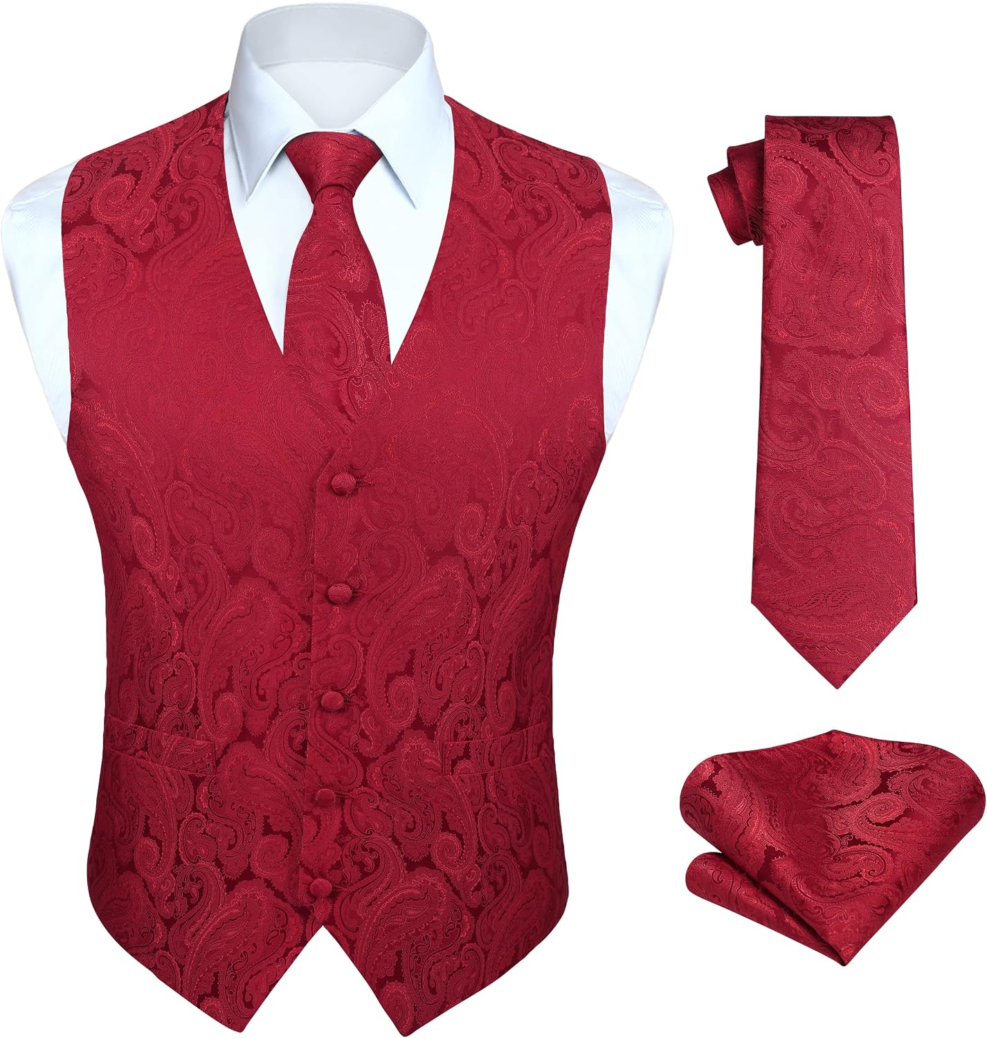 Hisdern Herrväst med paisleymönster, blommig jacquard-slips, bröstnäsduk och näsduk, perfekt för bröllop, fest eller affärsmöten, väst-set för kostym i storlekarna XS–6XL