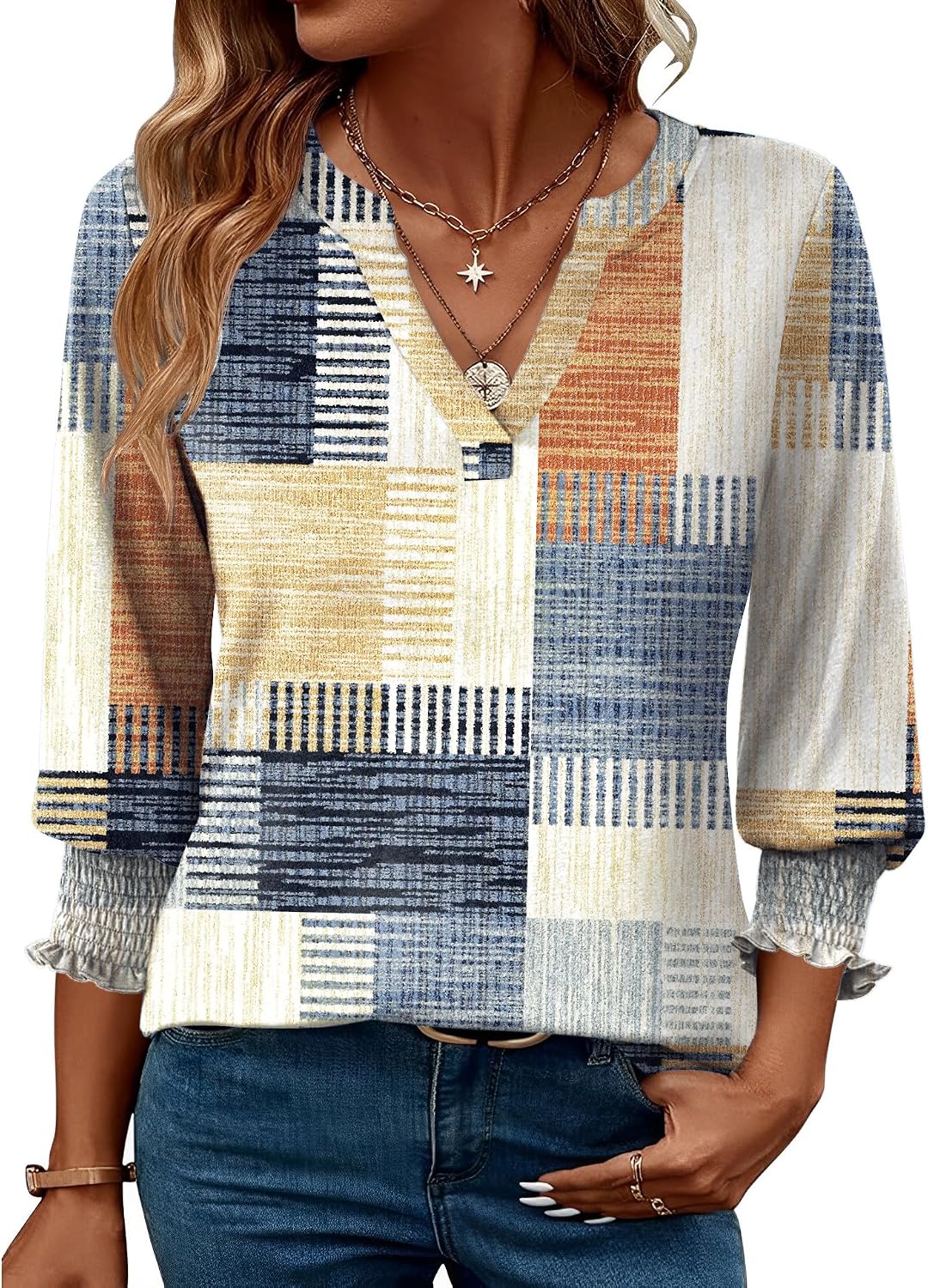 Rapbin Damblus med 3/4-ärm, lång V-ringad tunika, sommartopp, elegant, ledig blus, topp