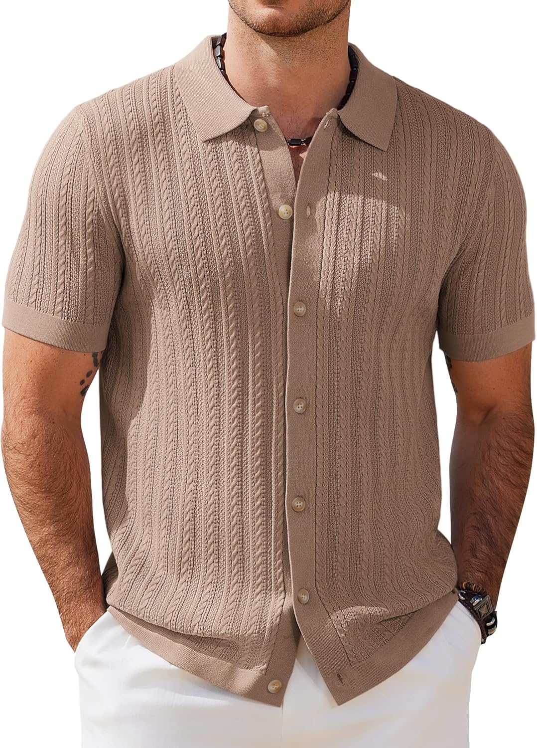 COOFANDY Herr kortärmad stickad pikétröja stretch kabel stickad full knapp golfskjorta polo t-shirt