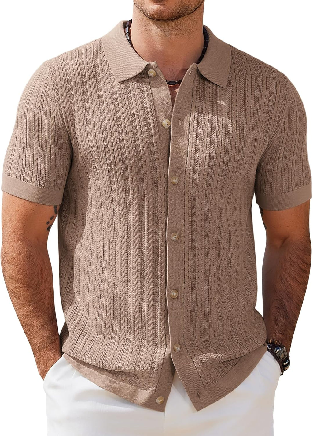 COOFANDY Herr kortärmad stickad pikétröja stretch kabel stickad full knapp golfskjorta polo t-shirt