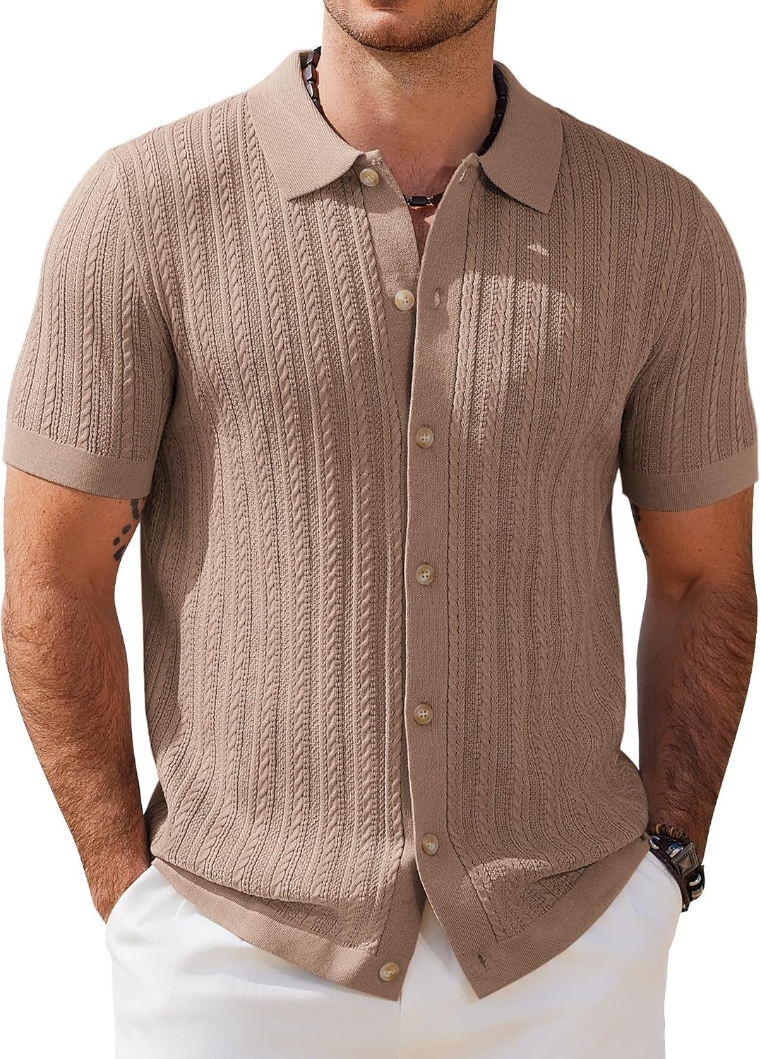 COOFANDY Herr kortärmad stickad pikétröja stretch kabel stickad full knapp golfskjorta polo t-shirt