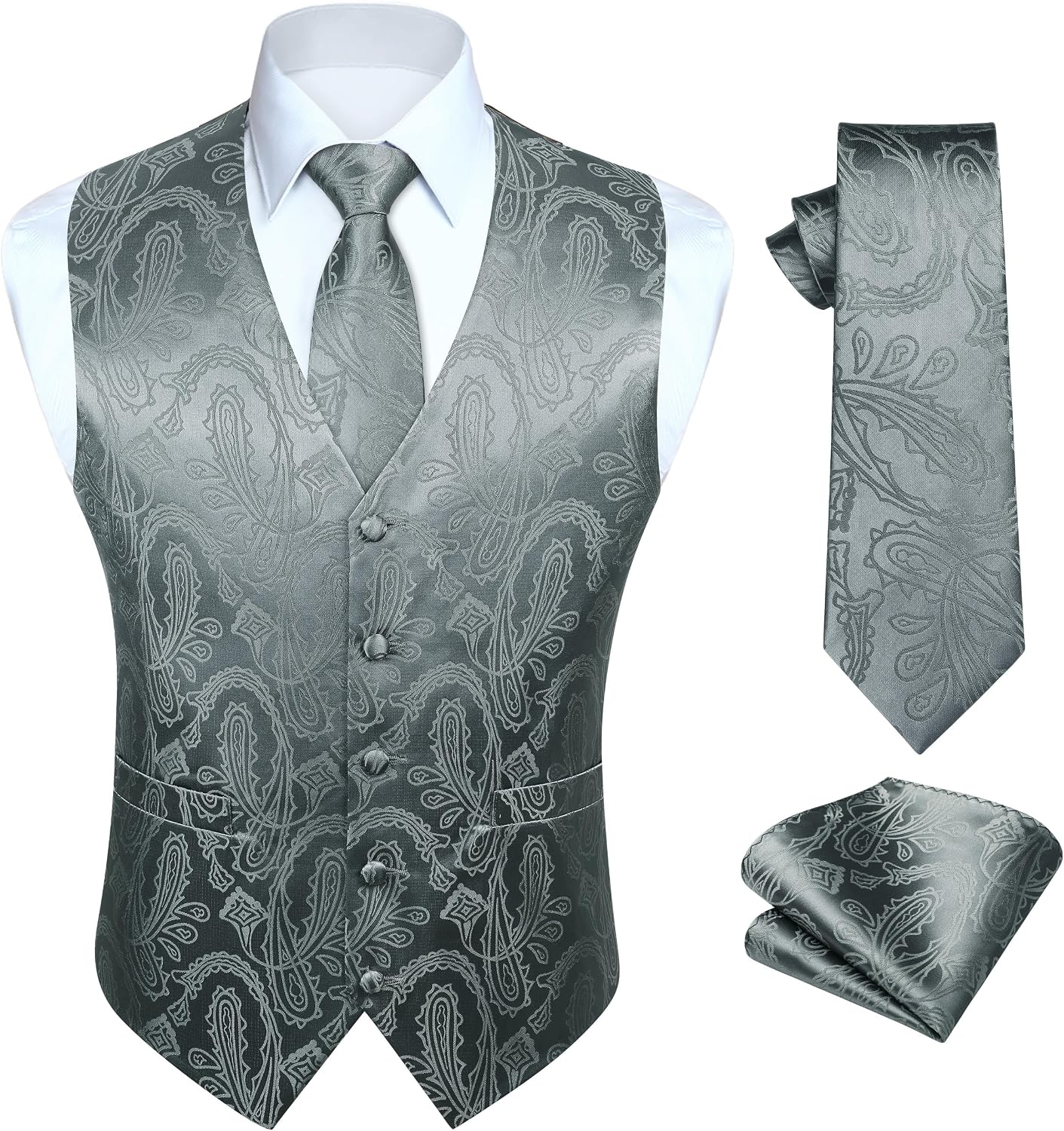 Hisdern Herrväst med paisleymönster, blommig jacquard-slips, bröstnäsduk och näsduk, perfekt för bröllop, fest eller affärsmöten, väst-set för kostym i storlekarna XS–6XL