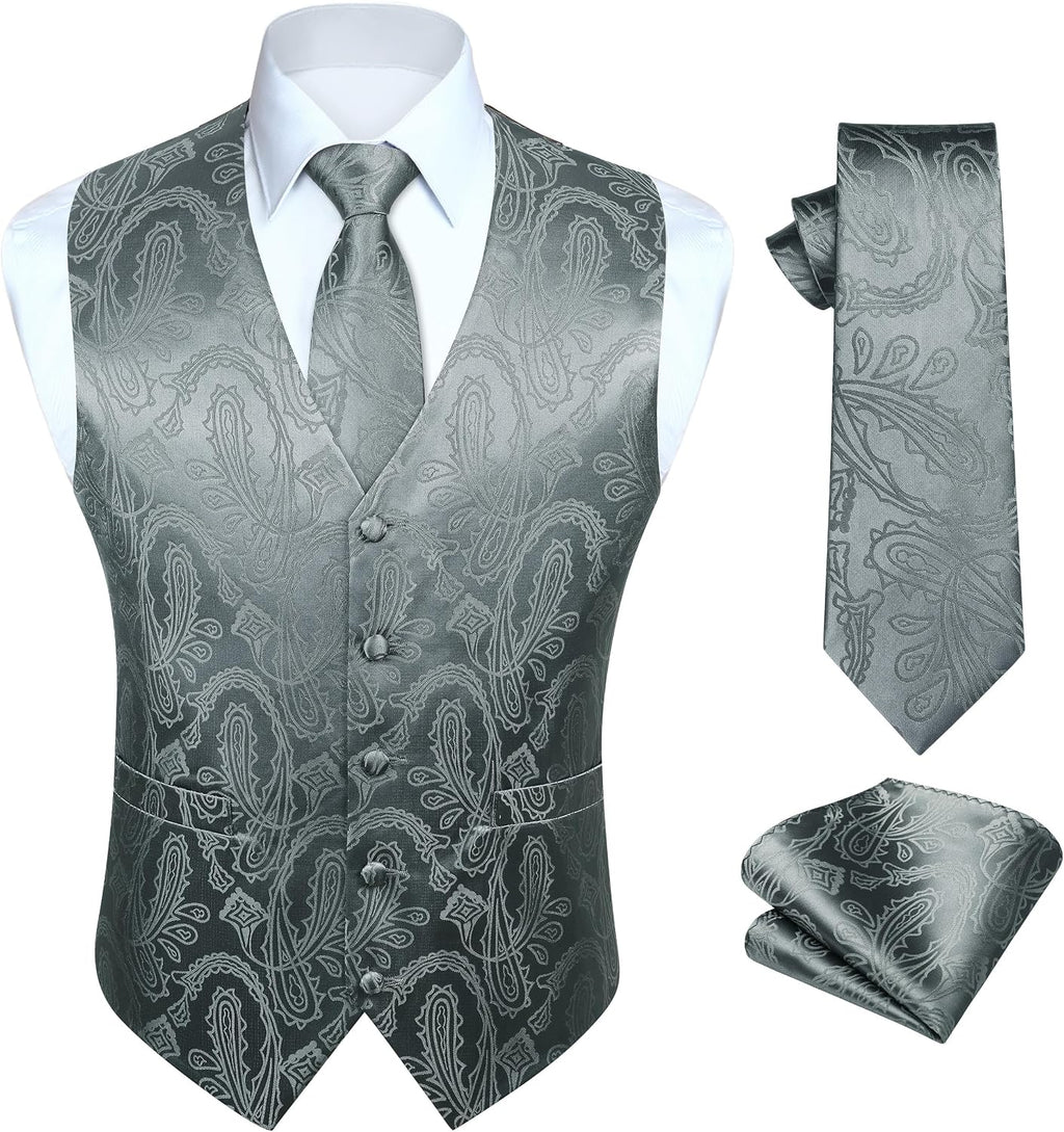 Hisdern Herrväst med paisleymönster, blommig jacquard-slips, bröstnäsduk och näsduk, perfekt för bröllop, fest eller affärsmöten, väst-set för kostym i storlekarna XS–6XL