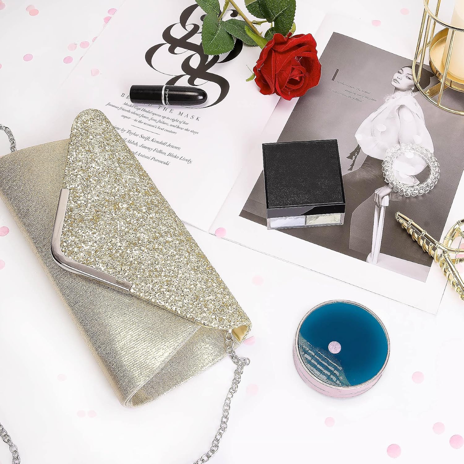 Larcenciel Clutch Damer, Glitter Kuvertväska Aftonväskor med Avtagbar Kedja, Moderiktig Axelväska med Paljetter, Elegant Handväska Kedjeväska, Axelväskor för Bal, Bröllop, Fest